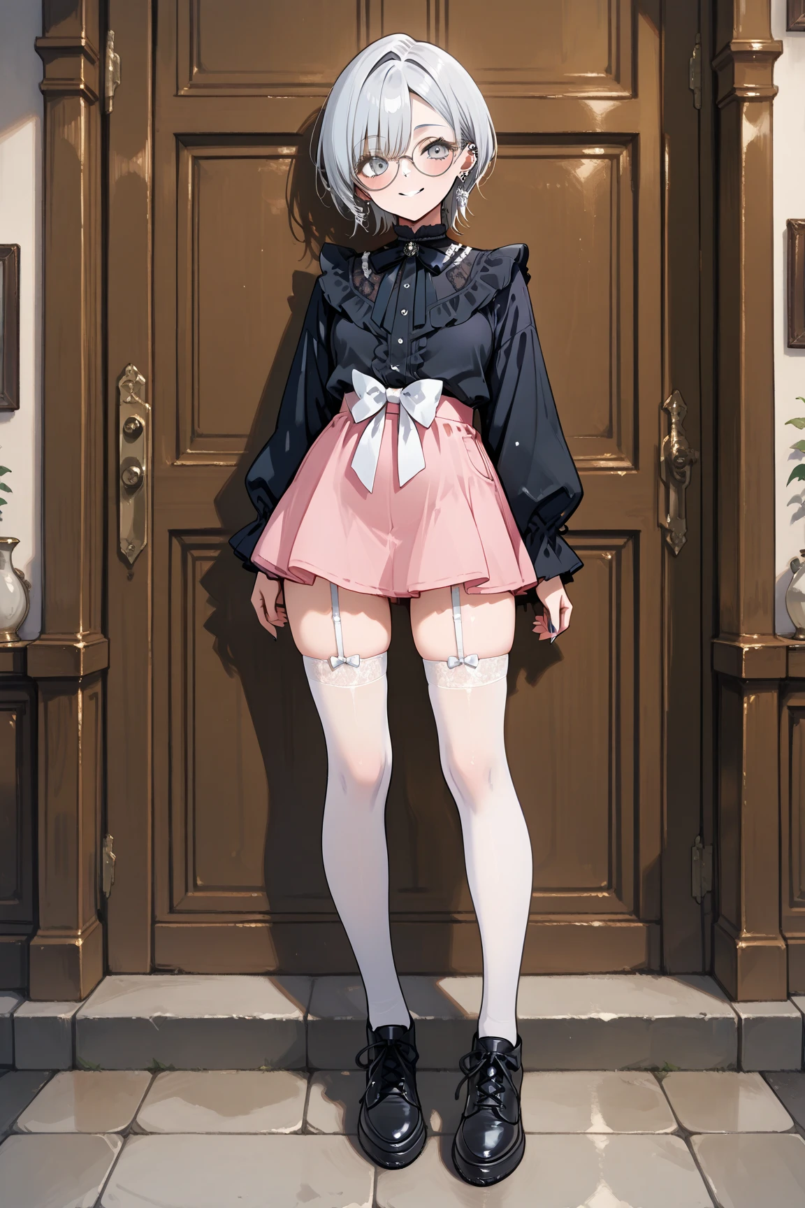 ((full body photo, feet on the ground, straight body)) {(Laura:woman, large breasts)}; {(black maid costume with white parts+white skirt+white sock with clips on pants+little clothing+extremely tight on body)}; she's in {(inside a hotel room in front of a window with heavy rain hitting the window+all wet; she's standing in front of the window)}, Her body and hair {are extremely sweaty+see-through costume}; she has {((very short pink hair and slick, eyes:blue, is smiling, looking at the viewer)}}; Anime style, masterpiece,, High detail, anime, 16k, UHD, retina, retina, ccurate, anatomically correct, textured skin, super detail, high quality, award-winning