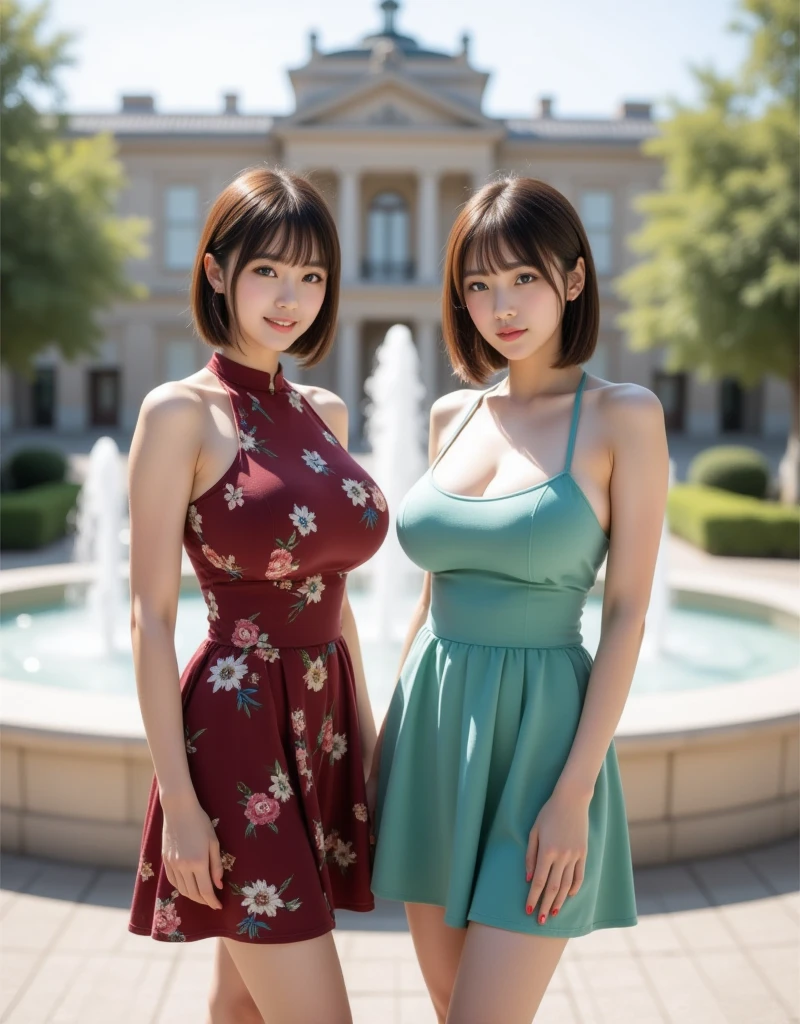 Slightly fat goddess，Chubby face and plump body，Wear a red and white printed lace dress，Round chest，showing belly，Sit sideways。Long hair, Wavy curly hair，7 avatars of the character，taken outdoors。In the style of a masterpiece，Pursue the best quality。 --auto