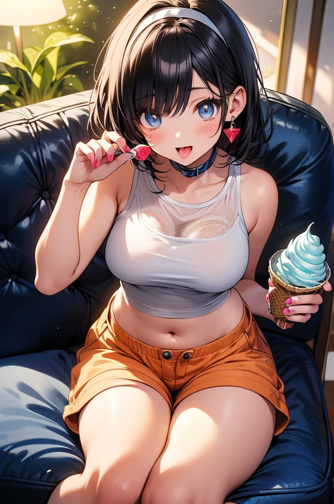 Very detailed CG Unity 8K 壁紙),(masterpiece), (Highest quality), (Very detailed), (Best illustrations),(Best Shadow)、1girl ahoge all_fours bare_shoulders blue_eyes blush breasts brown_hair camisole dolphin_shorts eating ebi_frion_(natsuiro_matsuri) food frills hair_between_eyes hair_ornament highres holding holding_food holding_hands holding_popsicle hololive indoors looking_at_viewer melting monuke_(monu) natsuiro_matsuri natsuiro_matsuri_(matsuri's_day_off) navel official_alternate_costume open_mouth orange_shorts orange_socks popsicle pov pov_hands scrunchie shorts side_ponytail small_breasts socks solo sweat tongue tongue_out virtual_youtuber