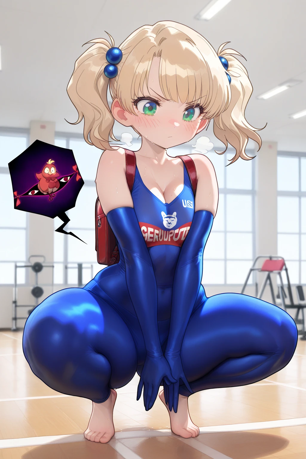 A beautiful barefoot woman with short wavy strawberry-blonde hair, wearing a black leotard, squatting on a yoga mat, looking happy.