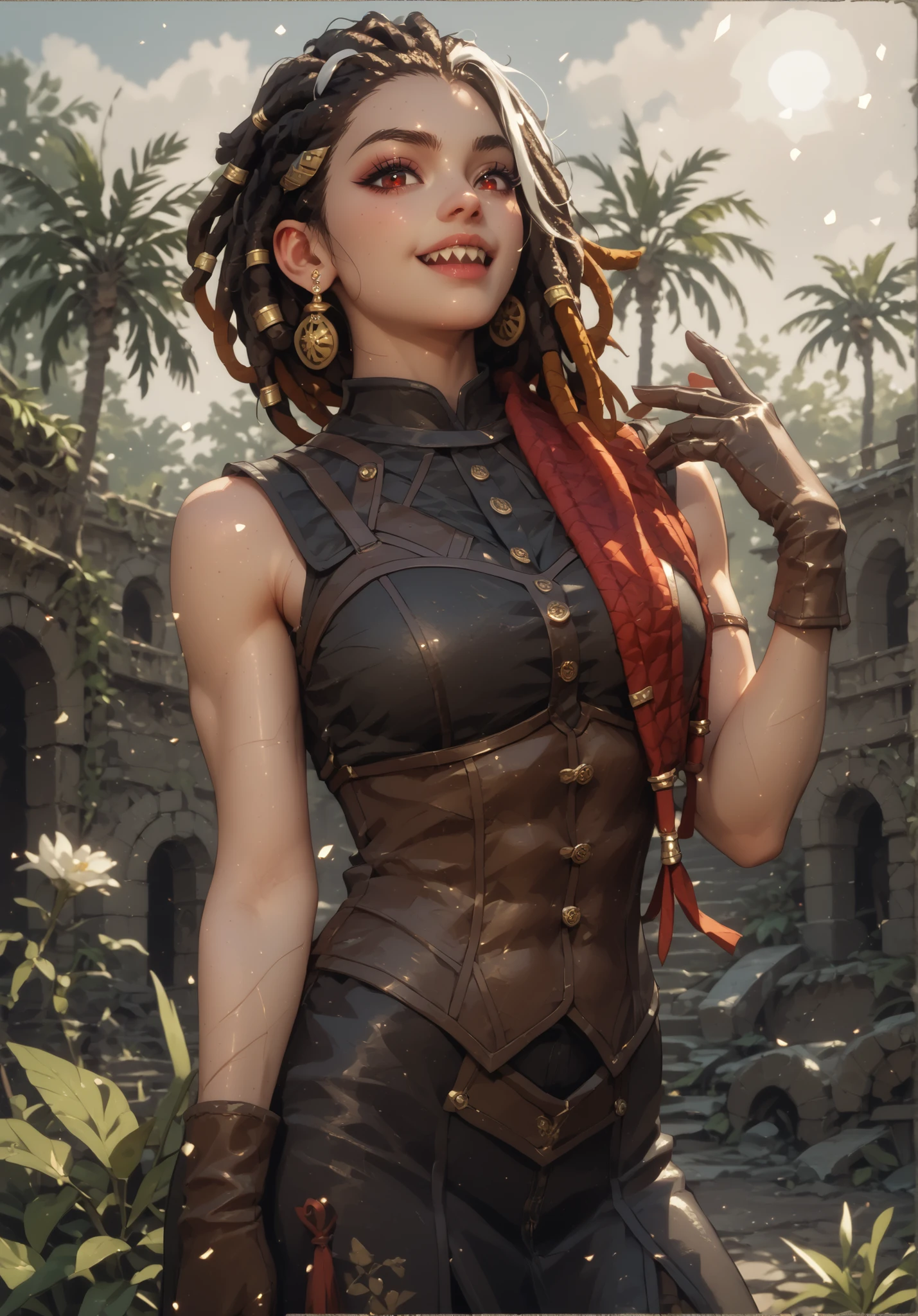 Slender body. White skin. Cute 18-year-old Asian girl with Asian red eyes and sharp teeth and dreadlocks with white highlights. She has a cute and beautiful face. She has a round and young face with a pointy chin. Her body is athletic with abs. She wears medieval an intricate medieval leather clothing with buttons. Background: medieval jungle ruins. Realistic lighting. DnD art-style. Looking at the viewer.