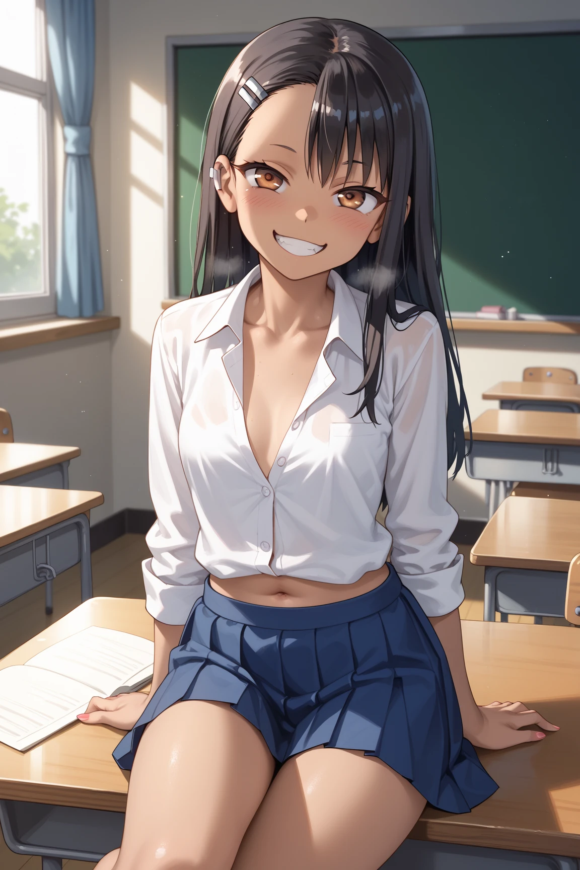 One girl, Cowboy Shot, Grin, classroom, fighting sSunburnce,
nagatoro_hayase, Brown eyes, Black Hair, Long Hair, Dark Skin, Woman with dark skin, Sunburn, Sunburnlines, Hair Clip, , White shirt, Collared shirt, Pleated skirt, highest quality, masterpiece, High resolution, (Huge round breasts:1.2,Cleavage)