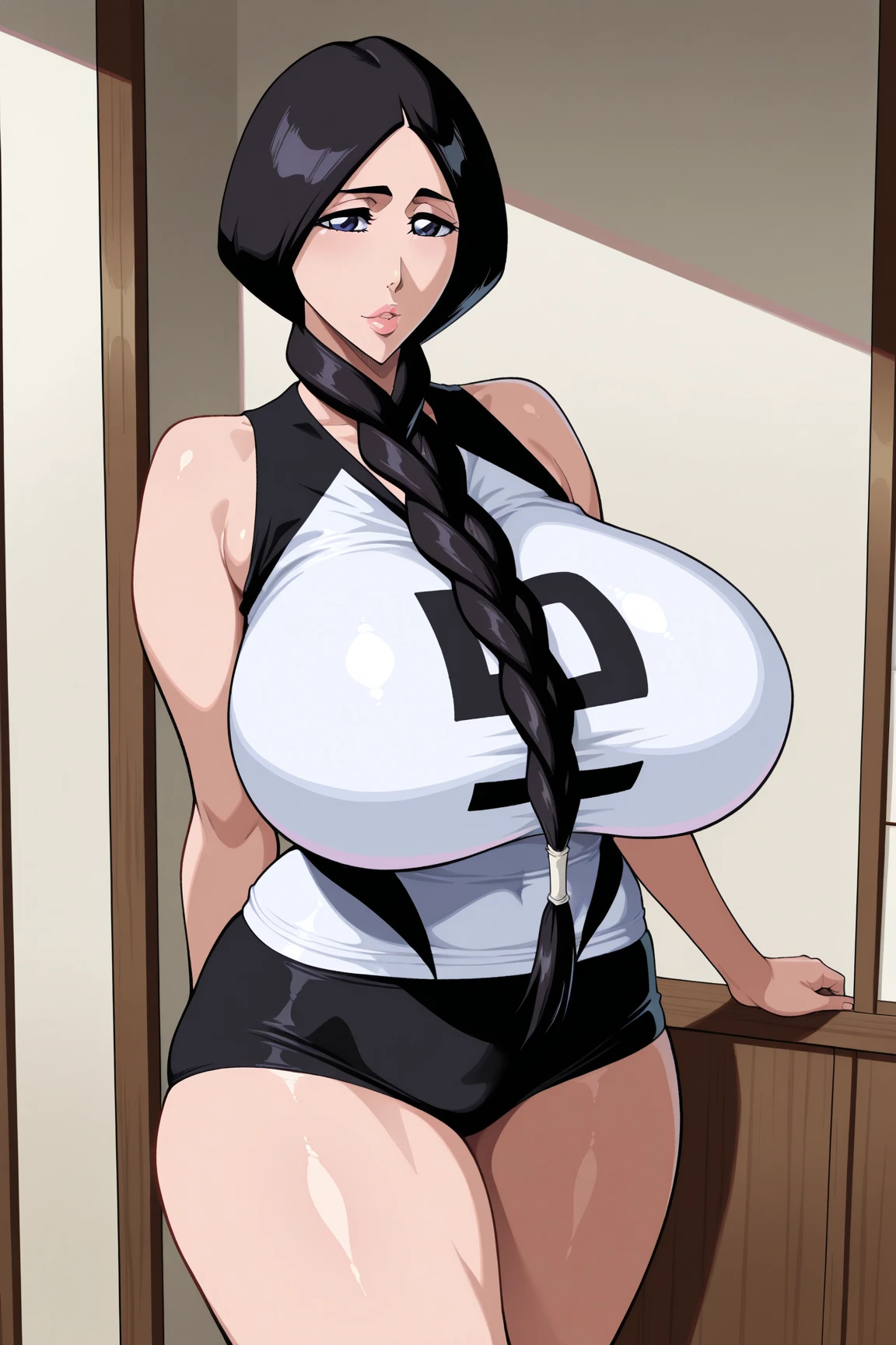 (((top-quality、masterpiece)))、((Colossal tits))、large full breasts、(A dark-haired)、Cover of women's gravure magazine、1girl in、((28 year old))、A stunning、A sexy、barechested、ighly detailed、highestdetailed、(((Black stockings)))、(shinny skin)、Sheer areol