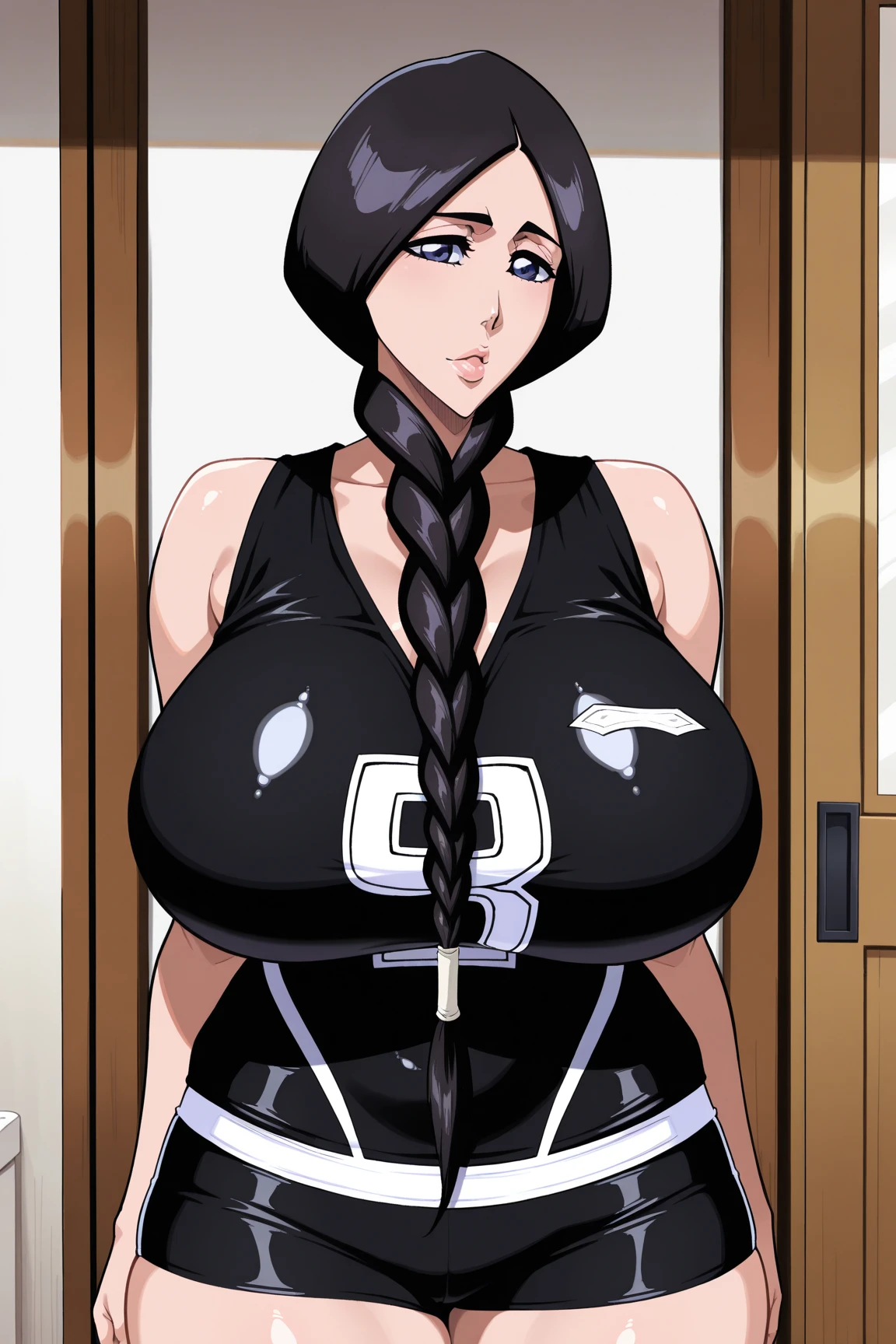 1womanl, attire: Black Bodycon, middlebreast, short black tight dress, (((brown-eyed))), Purple hair, Medium Hair, a smile, cross necklace, simple background, solo, tall, (obesity:1.4), ((wide hips)), fat ass, (massive body:1.3), Bottom Heavy, ((fat folds)), ((chubby, fat arms)), (fat rolls, wide belly:1.2), (((Misato katsuragi))), NERV, Operation control room, Front view, Looking at Viewer, Perfectly detailed face, neon genesis evangelion, fully detailed hands and fingers, (overweight:1.3), Trending on ArtStation, pixiv quality, Intricately detailed, ultra graphics, SFW version,  attire: jacker, Red jacket, Symmetrical face,