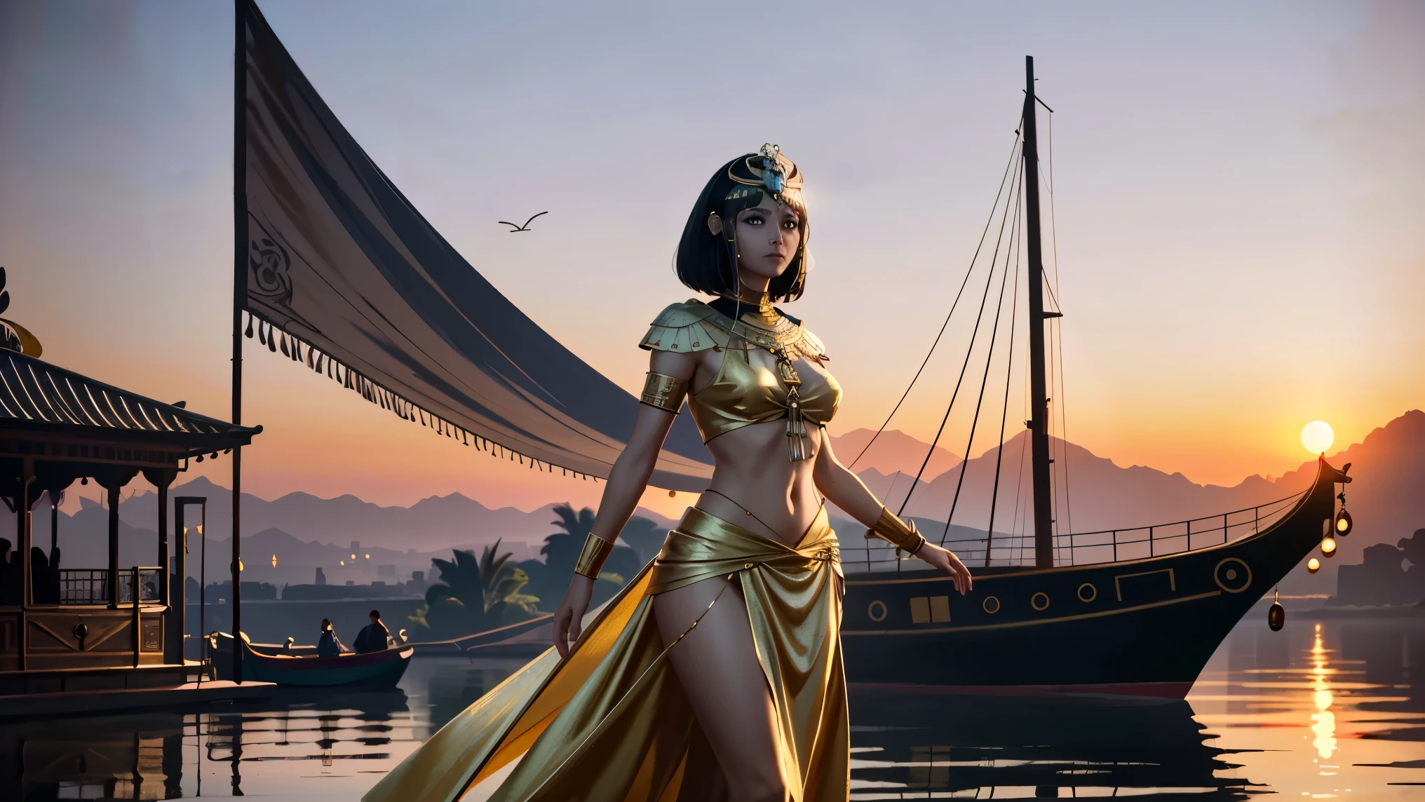 A semi-realistic digital painting of Cleopatra arriving on a golden barge floating on the Nile River. She stands confidently at the front, with silk banners fluttering, incense rising, and servants behind her. The sky glows pink at sunset, reflecting off the water. Luxurious and mythic atmosphere, wide 16:9 composition.