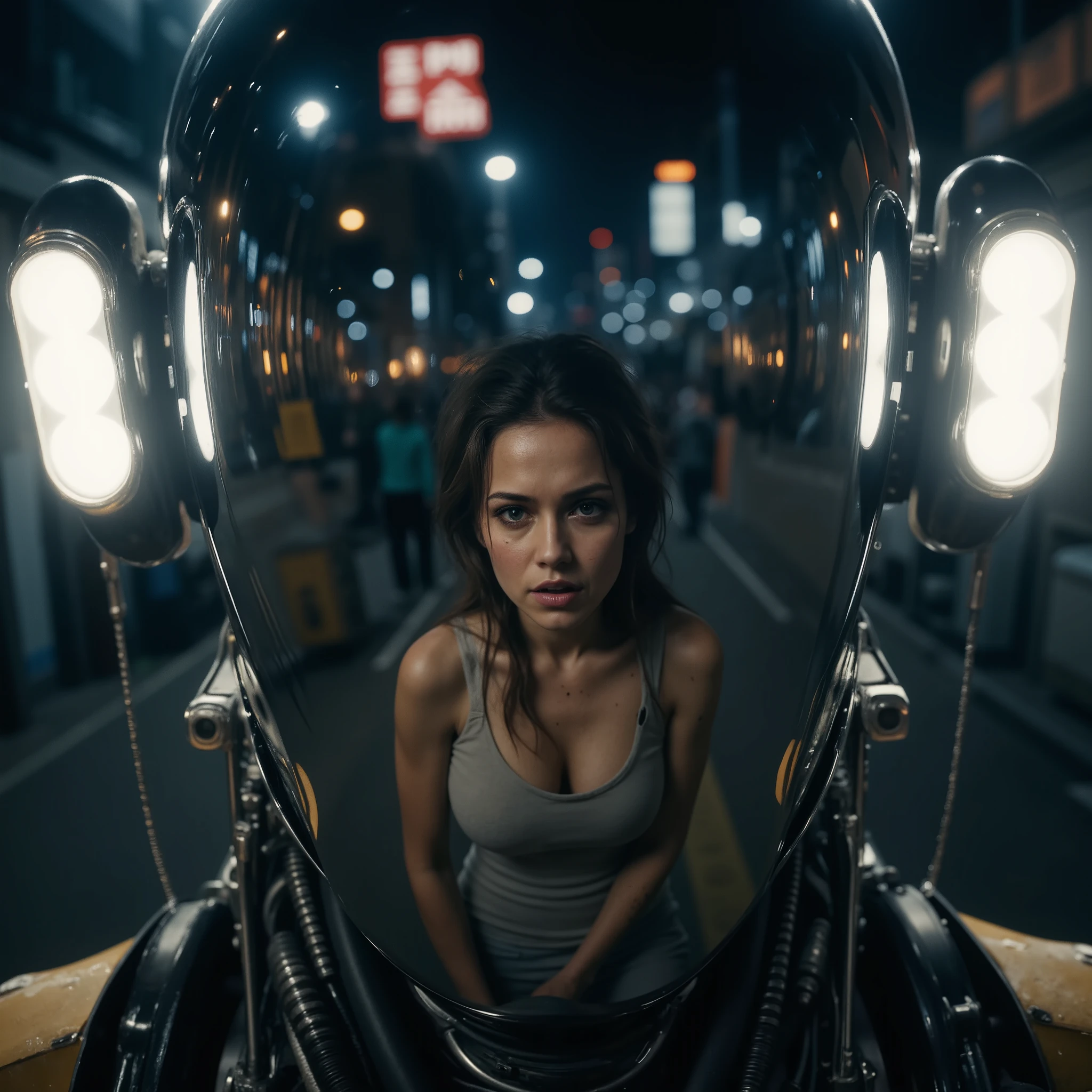 Photorealistic close up portrait of the front panel of a robot with perfect reflectivity. On both sides of the front panel, embedded in the high-tech helmet of the robot are two glaring bright torches or searchlights. The reflection on the front panel shows a woman standing very near looking extremely terrified, helplessly with wide open eyes and mouth, crying, frontal lighted by very bright white light standing in a street of a nightly cyberpunk city. She is in a desolate condition with scratched, dirty skin, torn, tattered, dirty clothes, unkempt, knotty hair emphazising the contrast between the hopelessness of the woman and the clean cold emotionlessness of the robot. The picture evokes the idea, that the robot is arresting the woman. Focus and light on the expressionless robot's head reflecting the desperate face of the woman. Digital author's art, cyber-futurism, hyper detailed, UHD, 32K