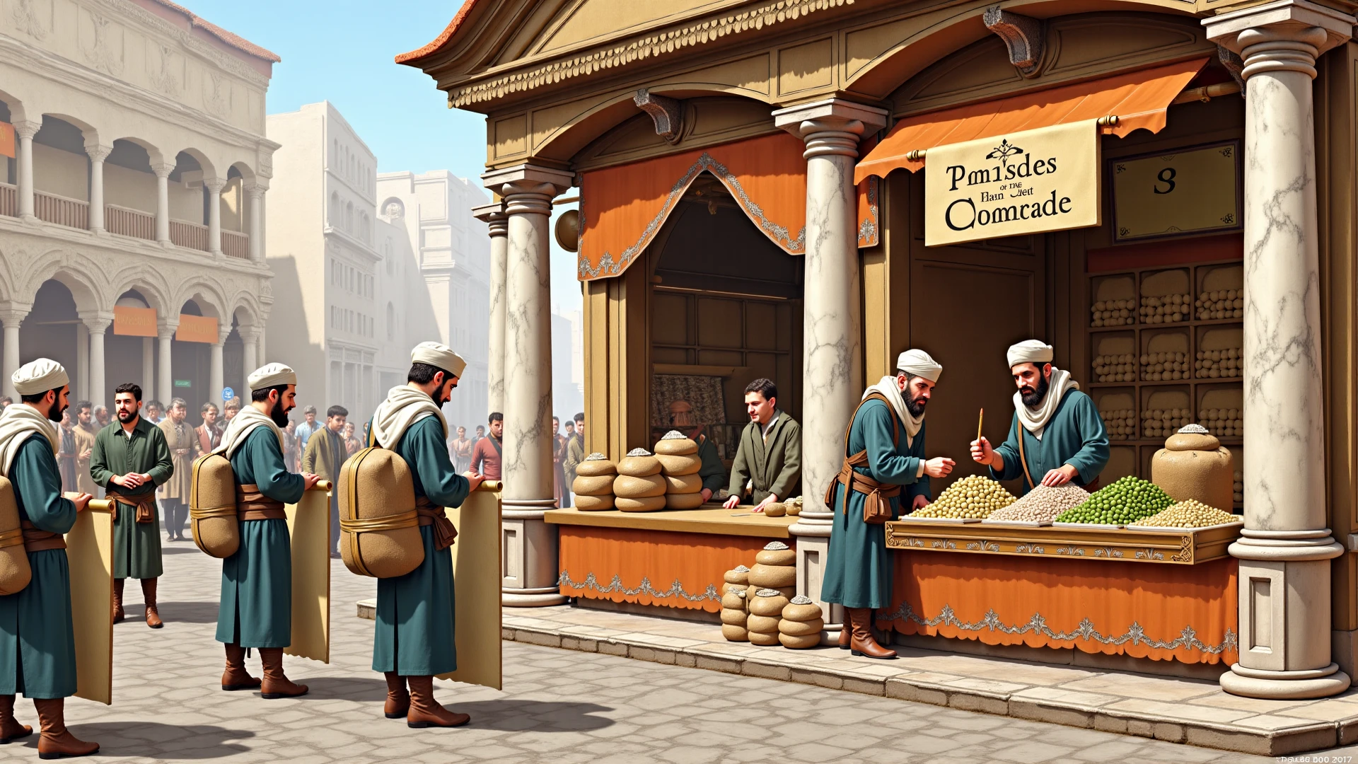 Prompt 1: "A marble-columned kiosk in central Istanbul where a bearded clerk paints 'License of Roasted Commerce' on a scroll as merchants queue with sacks of beans — late‑15th‑century illuminated manuscript miniature, tempera and shell-gold on vellum, flat medieval perspective, fine brown‑ink outlines, subtle parchment texture, 16:9 aspect, ultra-high-resolution (4K)"