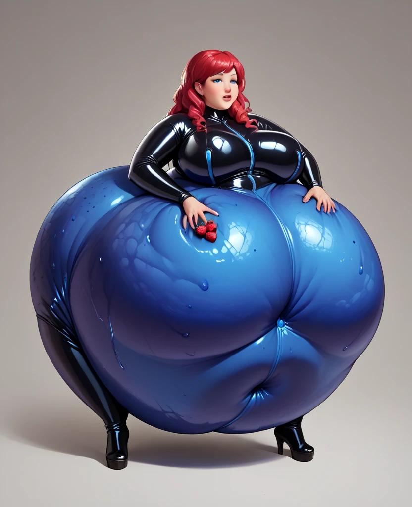 One woman in blue dress posing for a picture in a kitchen, insanely inflated hips, tight light blue neopren suits, plus-sized, extremely plump, real life size, hyperrealistic full figure, one woman, she has a jiggly fat round belly, inspired by Fernando Botero, ginormous, posing in bra, inflatable, with both hand up and both feet on the ground