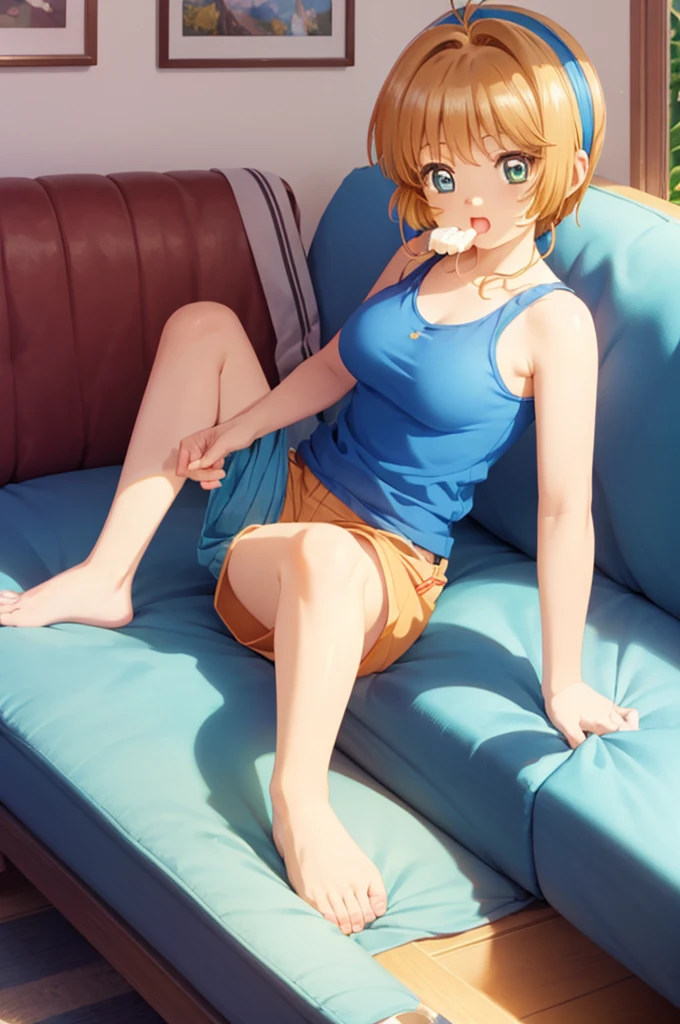 1 Female, alone, Young girl, 16 years old, Straight Blonde Hair, Blunt bangs, blue eyes, (smile), (masterpiece, Highest quality:1.2) Delicate illustrations, Super detailed, Medium chest, sit、(((Spread your legs wide)))、((Full Body Shot)), (Light blue bra、Light blue panties), living room