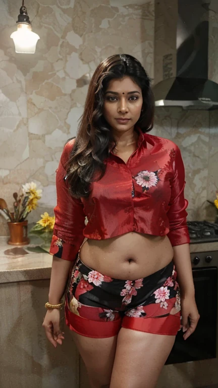 A 3 plus sized South Indian women wearing a purple colour silk short skirt and black colour shirt, standing in a kitchen 