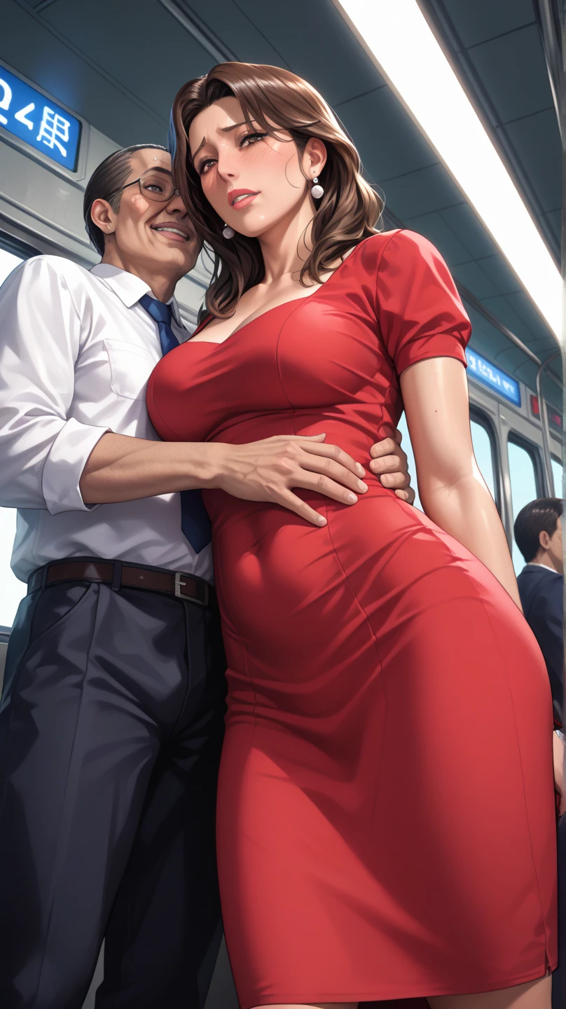 SFW, masterpiece, VERY crowded train detailed scenario, standing hot (woman 1) using sexy mini dress , old small sweaty man ass groping woman 1 from behind,old small sweaty man pressing his chest on woman 1 back and holding her waist