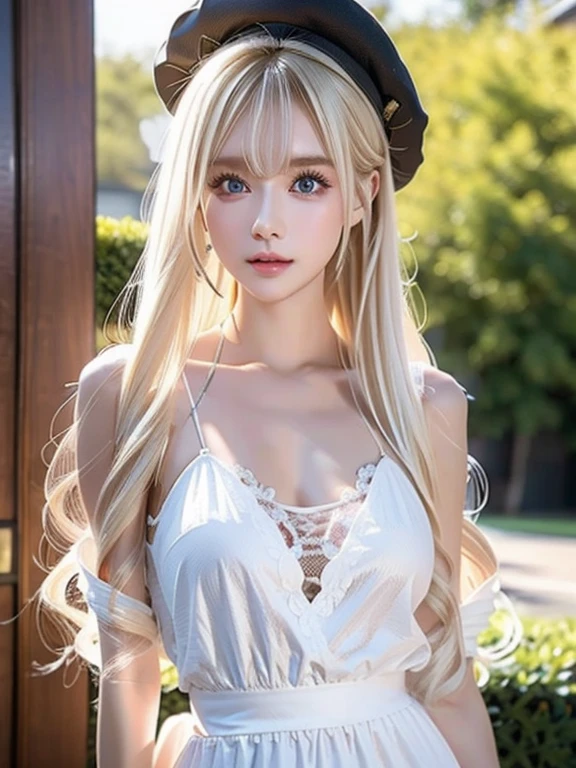 A girl,,wedding dress,european countryside,blonde,bangs bangs,pretty face,thick and muscular upper arms,armpit,tiara