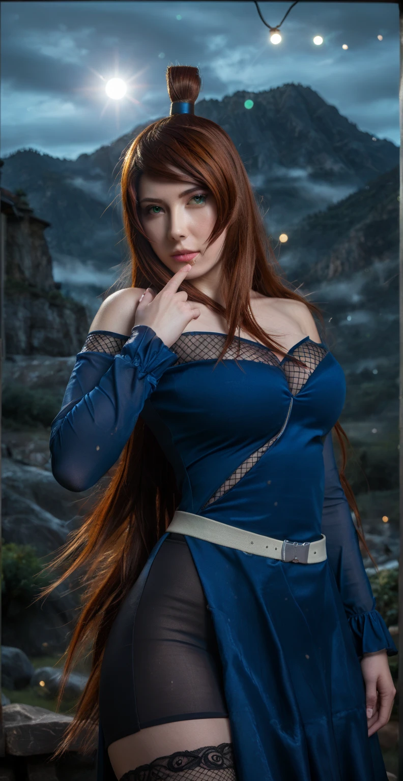 Top quality, 8k, 32k, Masterpiece, photorealistic, realistic, (photorealistic:1,4), solo, slight smile, dramatic lighting, professional makeup, (natural big breasts:1.5), (seductive:1.5), (sexy:1.5), beautiful white face shining, gorgeous face, pink cheeks, beautiful lips, porcelain skin, detail intricate, super detailed, super high, highest detailed, high detailed, delicate, incredible detailed, fine detailed, cinematic lighting, top quality, smooth and beautiful, CG, unity, 8k wallpaper, Stunning, fine detail, unity CG wallpaper 8k ultra-detailed, large file size, ultra-detailed, high resolution, incredible detail, stunning detail, depth of field, cowboy shots, outdoor, Mei Terumi, Mei Terumi outfit, light brown hair, long-sleeved, dark blue dress that falls just below the knees. It seems to be closed at the front with a zipper and is kept open on the front-right side from the waist down. The dress only covers the upper part of her arms and the underside of her breasts. Underneath, she wears a mesh armor that covers slightly more of her upper body than her dress. She also wears a skirt the same color as her dress and mesh leggings. Around her waist, she wears a belt with a pouch attached to the back on the left, shin guards, dark blue nail polish on her fingers, and is usually shown with purple lipstick, (happy smile:1.1).