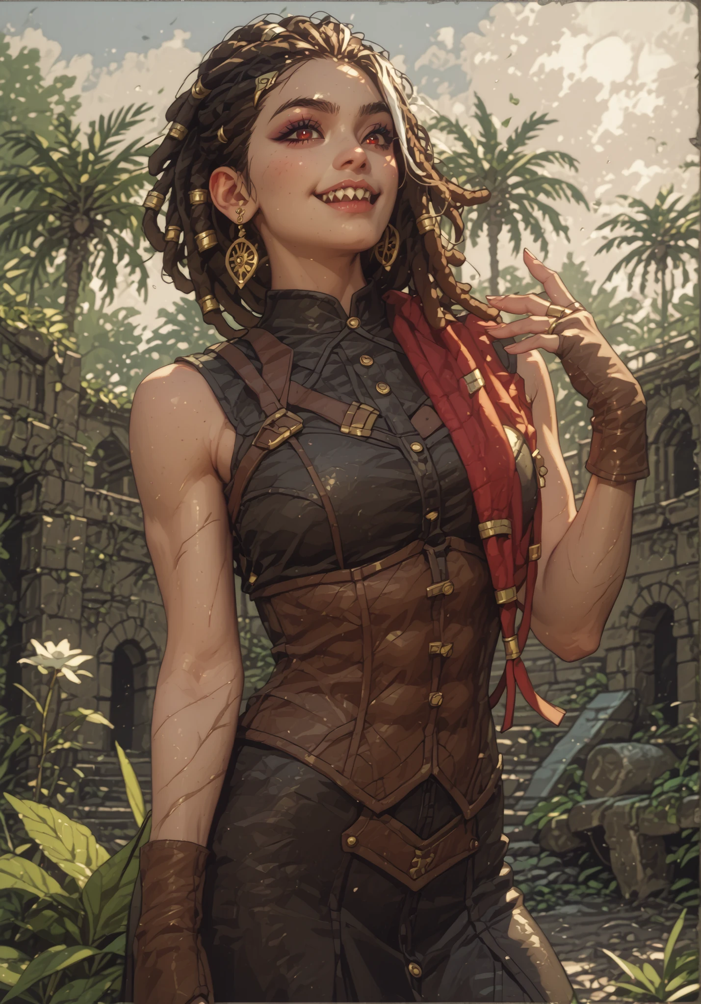 Slender body. White skin. Cute 18-year-old Asian girl with Asian red eyes and sharp teeth and dreadlocks with white highlights. She has a cute and beautiful face. She has a round and young face with a pointy chin. Her body is athletic with abs. She wears medieval an intricate medieval leather clothing with buttons. Background: medieval jungle ruins. Realistic lighting. DnD art-style. Looking at the viewer.