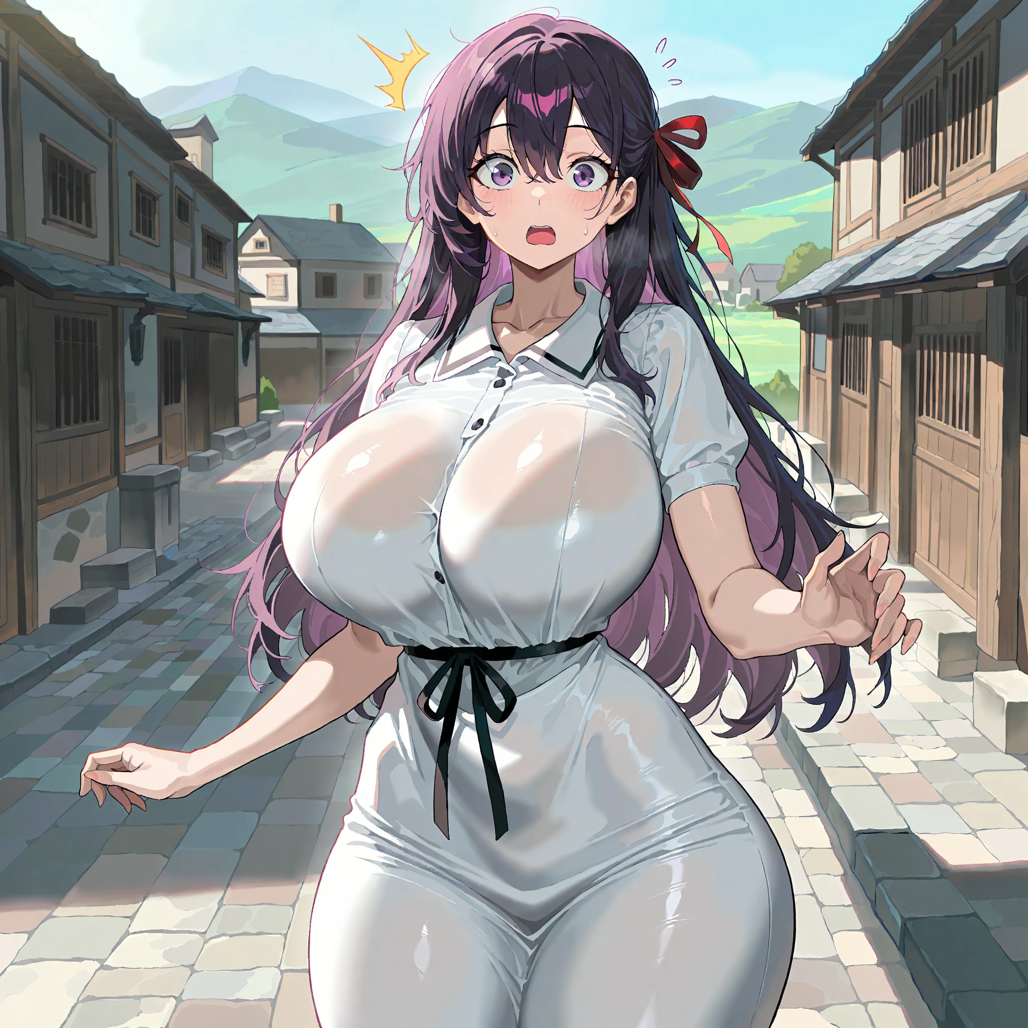 cow maiden \(maoyuu\), bob cut, hyperbreasts, (gigantic breasts), looking at viewer, :d, white shirt, cow horns, cow tail, cow ears, white skirt, covered nipples, white skirt, miniskirt, <lora:CowMaiden2:0.6>, <lora:Moralgear:0.6>