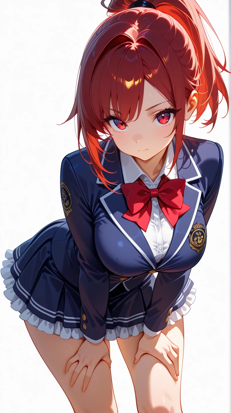 1 Female,High definition,high resolution,Ultra-realistic,8K, 1girl, solo, red hair, red eyes, twintails, employee uniform, pencil skirt, skull print, navy cap, fang, black legwear, white gloves,European,sexy,Upper body close-up,Photographed from the front,Dynamic Angles,blush, big tits , happy, wink the eye,facial, sweat,(wide thighs:1.4),(pussy),(show pussy),(spread legs),(cameltoe)