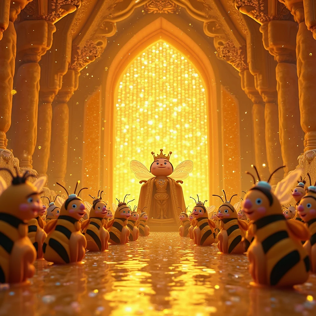 Inside a grand, glowing beehive palace, a whimsical party unfolds in true Disney-Pixar style. At the center, a majestic Queen Bee and her King—both plump, adorable, non-humanoid bees with expressive cartoon faces and tiny golden crowns—sit proudly on a regal honeycomb throne sculpted from golden hexagons, dripping with sparkling honey.
The hive interior is enormous and warm, with golden light streaming through translucent honeycomb walls. Rows of loyal bee citizens, also cute non-humanoid bees with tiny capes, party hats, goggles, and fun accessories, line up joyfully on both sides of the throne, buzzing in excitement.
Below, honey swimming pools glisten, where cheerful worker bees in brightly colored cartoon-style swimsuits (like striped floaties, flower-petal bikinis, and life vests) splash around, floating on nectar tubes and laughing. A firework show lights up the hive ceiling in bursts of rainbow sparkles, reflecting in the shiny honey pools.
A live bee band plays on a floating honeycomb stage, with tiny instruments and glowing nectar notes flying through the air. The atmosphere is joyful and magical, filled with the warm golden glow of honey, sparkles, laughter, and the sweet hum of music and buzzing wings. All bees are fully clothed in Pixar-style fun costumes.