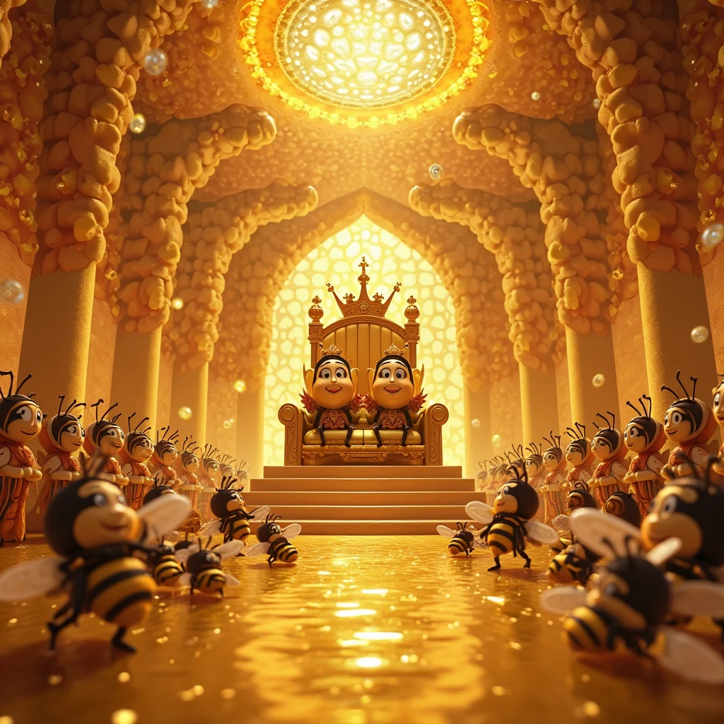Inside a grand, glowing beehive palace, a whimsical party unfolds in true Disney-Pixar style. At the center, a majestic Queen Bee and her King—both plump, adorable, non-humanoid bees with expressive cartoon faces and tiny golden crowns—sit proudly on a regal honeycomb throne sculpted from golden hexagons, dripping with sparkling honey.
The hive interior is enormous and warm, with golden light streaming through translucent honeycomb walls. Rows of loyal bee citizens, also cute non-humanoid bees with tiny capes, party hats, goggles, and fun accessories, line up joyfully on both sides of the throne, buzzing in excitement.
Below, honey swimming pools glisten, where cheerful worker bees in brightly colored cartoon-style swimsuits (like striped floaties, flower-petal bikinis, and life vests) splash around, floating on nectar tubes and laughing. A firework show lights up the hive ceiling in bursts of rainbow sparkles, reflecting in the shiny honey pools.
A live bee band plays on a floating honeycomb stage, with tiny instruments and glowing nectar notes flying through the air. The atmosphere is joyful and magical, filled with the warm golden glow of honey, sparkles, laughter, and the sweet hum of music and buzzing wings. All bees are fully clothed in Pixar-style fun costumes.