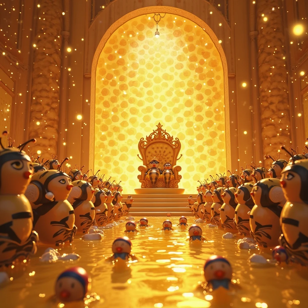 Inside a grand, glowing beehive palace, a whimsical party unfolds in true Disney-Pixar style. At the center, a majestic Queen Bee and her King—both plump, adorable, non-humanoid bees with expressive cartoon faces and tiny golden crowns—sit proudly on a regal honeycomb throne sculpted from golden hexagons, dripping with sparkling honey.
The hive interior is enormous and warm, with golden light streaming through translucent honeycomb walls. Rows of loyal bee citizens, also cute non-humanoid bees with tiny capes, party hats, goggles, and fun accessories, line up joyfully on both sides of the throne, buzzing in excitement.
Below, honey swimming pools glisten, where cheerful worker bees in brightly colored cartoon-style swimsuits (like striped floaties, flower-petal bikinis, and life vests) splash around, floating on nectar tubes and laughing. A firework show lights up the hive ceiling in bursts of rainbow sparkles, reflecting in the shiny honey pools.
A live bee band plays on a floating honeycomb stage, with tiny instruments and glowing nectar notes flying through the air. The atmosphere is joyful and magical, filled with the warm golden glow of honey, sparkles, laughter, and the sweet hum of music and buzzing wings. All bees are fully clothed in Pixar-style fun costumes.