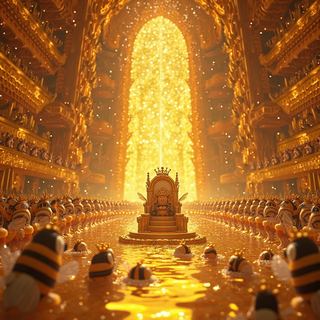 Inside a grand, glowing beehive palace, a whimsical party unfolds in true Disney-Pixar style. At the center, a majestic Queen Bee and her King—both plump, adorable, non-humanoid bees with expressive cartoon faces and tiny golden crowns—sit proudly on a regal honeycomb throne sculpted from golden hexagons, dripping with sparkling honey.
The hive interior is enormous and warm, with golden light streaming through translucent honeycomb walls. Rows of loyal bee citizens, also cute non-humanoid bees with tiny capes, party hats, goggles, and fun accessories, line up joyfully on both sides of the throne, buzzing in excitement.
Below, honey swimming pools glisten, where cheerful worker bees in brightly colored cartoon-style swimsuits (like striped floaties, flower-petal bikinis, and life vests) splash around, floating on nectar tubes and laughing. A firework show lights up the hive ceiling in bursts of rainbow sparkles, reflecting in the shiny honey pools.
A live bee band plays on a floating honeycomb stage, with tiny instruments and glowing nectar notes flying through the air. The atmosphere is joyful and magical, filled with the warm golden glow of honey, sparkles, laughter, and the sweet hum of music and buzzing wings. All bees are fully clothed in Pixar-style fun costumes.