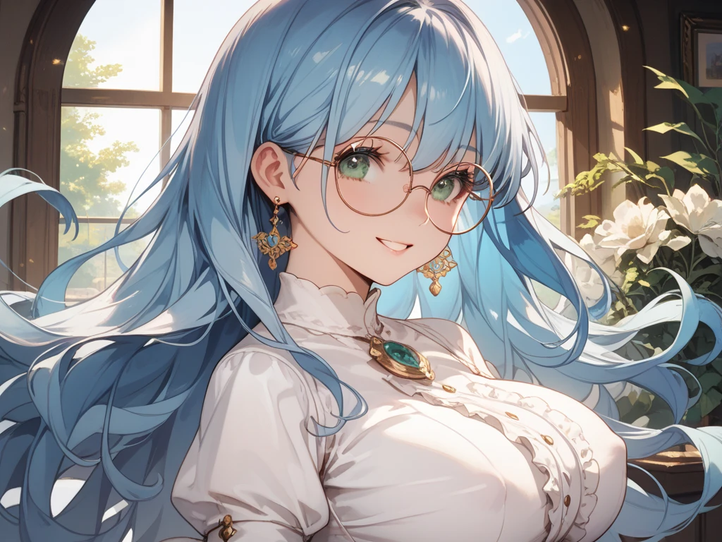1girl, anime, blue_medium_fluffy_hair, gold_eyes, eyeglasses, medium_breasts, noble_dress, white_background, looking_at_viewer