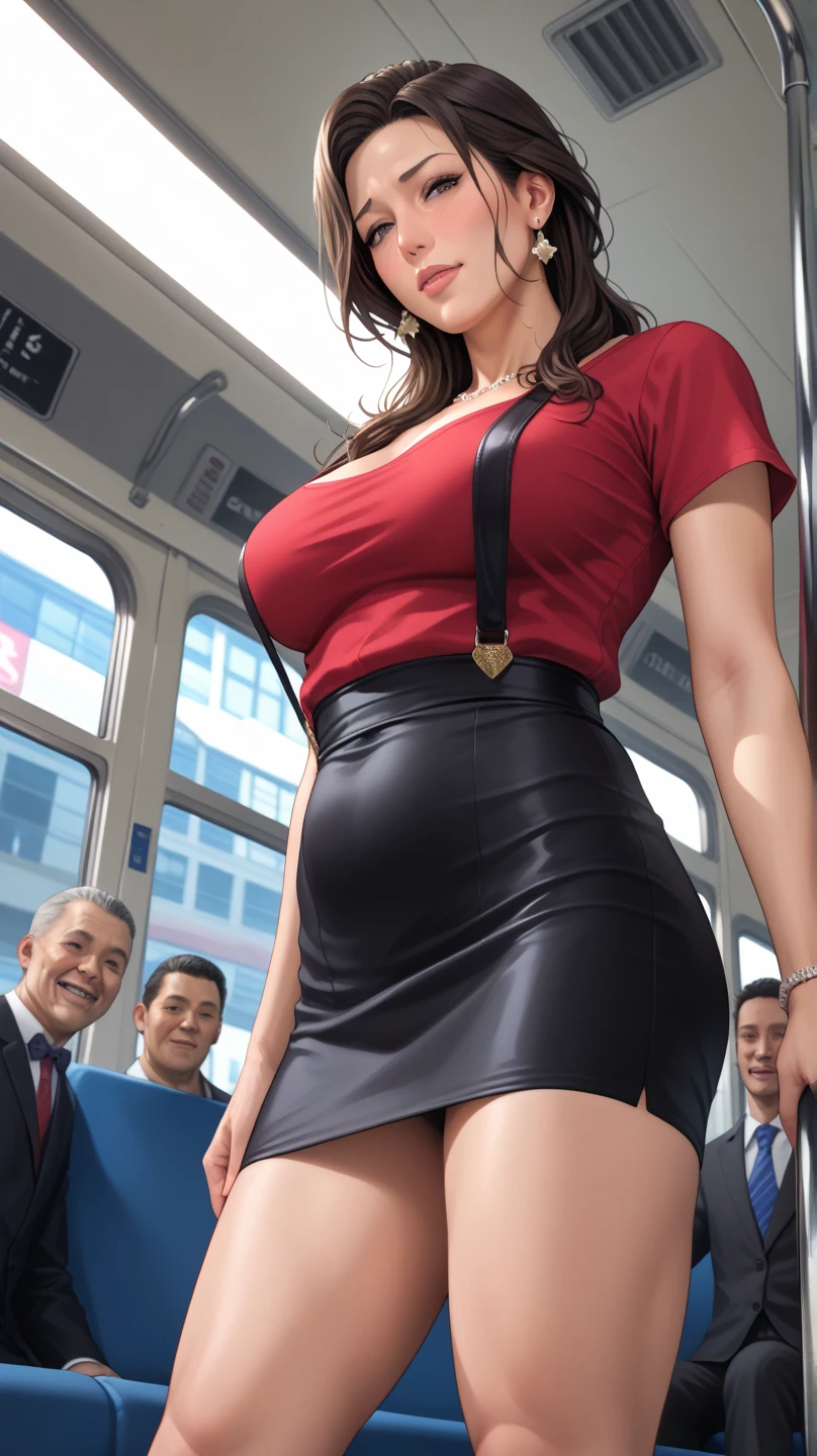 SFW, masterpiece, VERY crowded train detailed scenario, standing hot (woman 1) using sexy mini dress, fear face, blushed face, old small sweaty man ass groping woman 1 from behind,old small sweaty man pressing his chest on woman 1 back and holding her waist