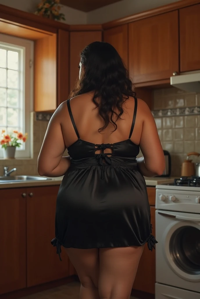 araffed woman in fishnet stockings and glasses posing in a kitchen, curvy accentuated booty, toned derriere, pawg, lit from behind, bottom angle, view from behind, photo from behind, view from the back, tease, backlighted, backview, voluptuous and arousing, picture from behind, lit from the side