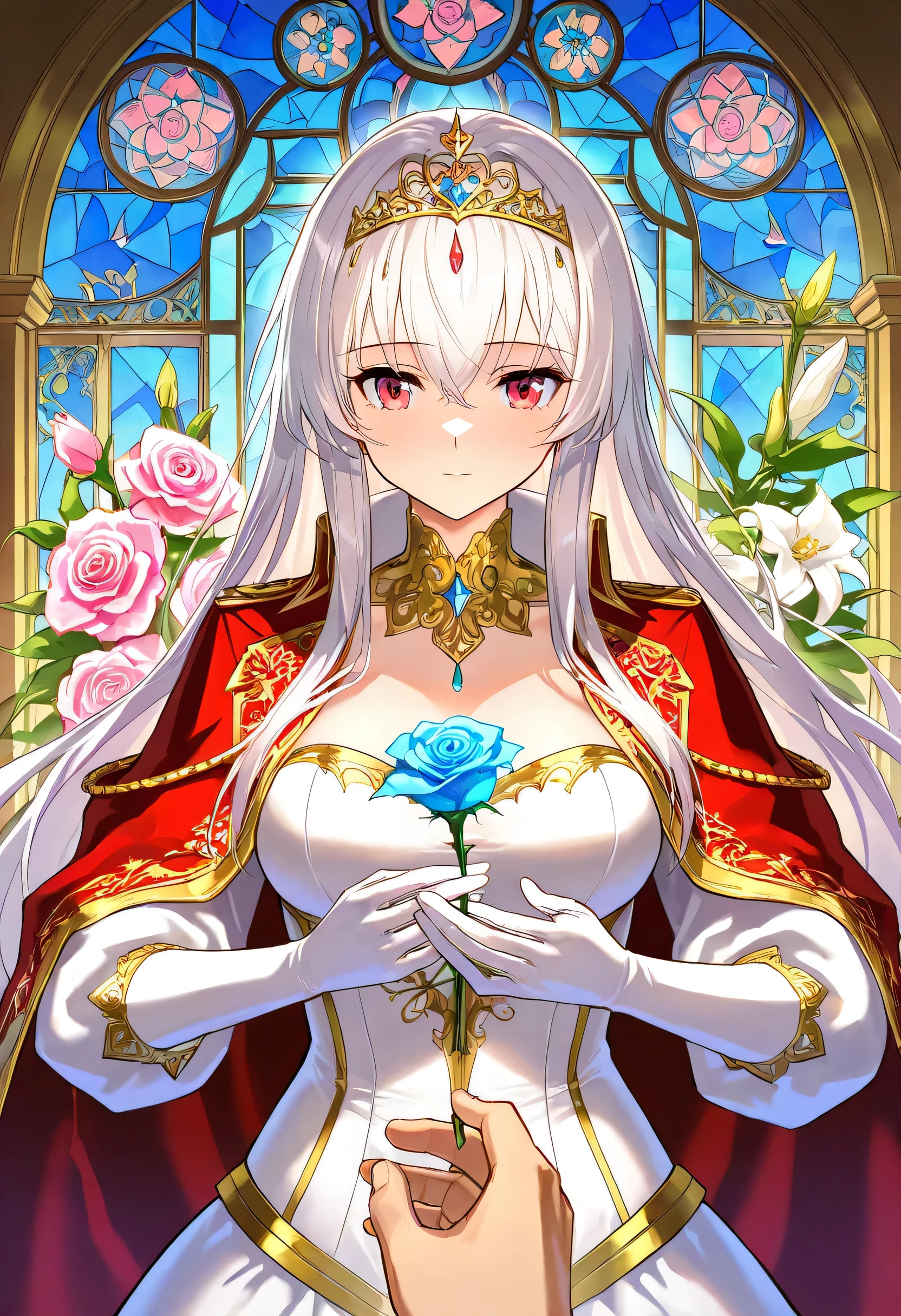 A majestic king and a graceful queen lovingly gazing into each other's eyes with gentle smiles, standing in an opulent royal chamber. The room is lavishly decorated with colorful, blooming flowers roses, peonies, and lilies adorning golden vases and elegant archways. Sunlight filters through grand stained glass windows, casting soft hues across the luxurious velvet drapes and marble floor. The atmosphere is regal, romantic, and full of warmth. (masterpiece:1.2), (ultra-detailed:1.2), (best quality), 8K, (magnificent Sophistication:1.2), manga style, 1girl, tiara, gold hair, chignon, beautiful red eyes, upper body, gloves, perfect hands, beautiful fingers, BREAK, 1boy, white hair, crown, mullet hair, high layer cut, beautiful blue eyes,