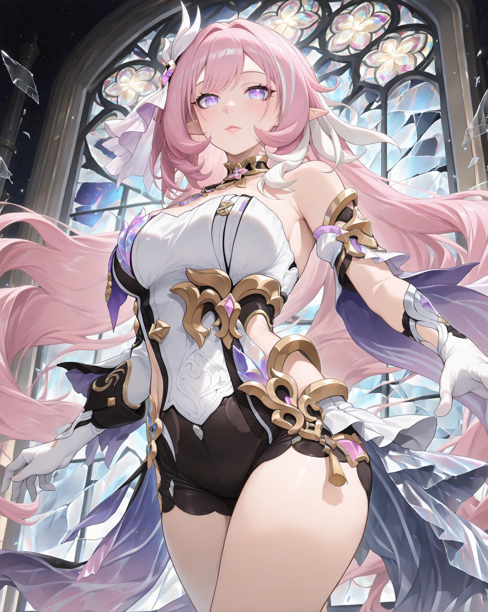 1gril,elysia,pink hair,veil,Purple pupils,Diamond pattern,White shoes,boots,White gloves,dress,Black shorts,Leg ring,Lie down,floor,Large Breasts,Cleavage,indoor,from above