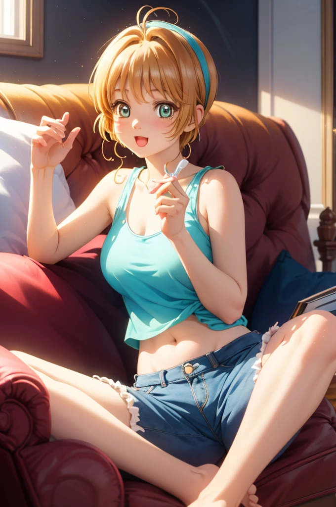 (masterpiece), best quality, expressive eyes, perfect face, front lighting, (living room background), (sitting on couch), (smirk), (cleavage view), (1girl, 18 years old, Nami (one piece), orange hair, short hair, brown eyes, hourglass figure, skinny body, thin body, petite_body, small breasts, wide hips, thick thighs), (light-blue strap shirt, sleveless, croptop, exposed cleavage, shorts), 