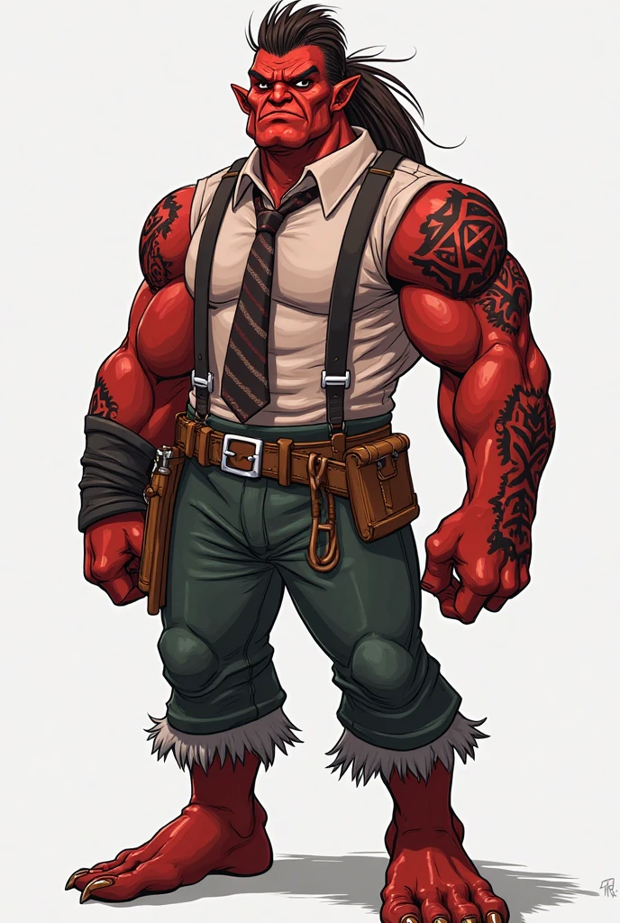 Blitzo is quite tall for his species, and sports a harlequin-like aesthetic. He has red skin with white burn marks of various sizes that cover parts of his forearms, chest, and his tail, as well as most of the right side of his face. His irises are red and he has a heart-shaped skull symbol on the center of his forehead.
Blitzo has fairly broad forearms and hands, and a long narrow head, out of which extends large, curved, black and white striped horns. He has black spines on his head and upper back, as well as on his tail. His tail ends with a triangular point that has a black spot at the tip.
He has pointed feet with boot-like heels which are shown to have black on the heels and toe areas.
Blitzo wears a tattered slate gray collared coat with red buttons down the breast, black knee-high boots matching the shape of his feet, and elbow-length black fingerless gloves featuring large, rounded yellow decorations on the upper side of them. In "The Full Moon", the yellow decoration on his left glove is infused with his own Asmodean Crystal. Blitzo also wears a red skull charm around his neck.
In "Exes and Oohs", Blitzo is shown to wear boxers with horses on them.
As shown in "The Full Moon", Blitzo has red gums. Make it anime style