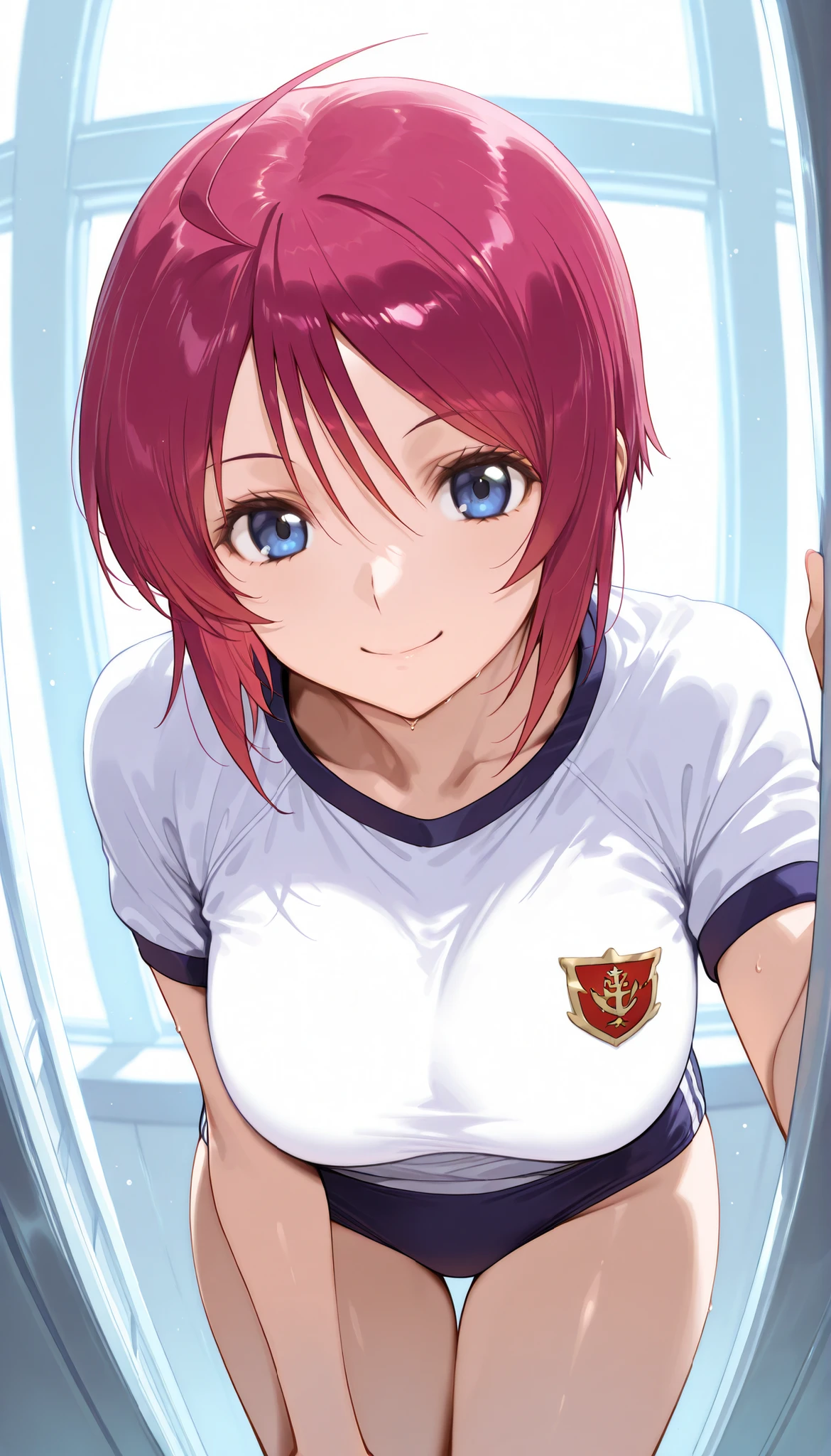 masterpiece, score_9, score_8_up, score_7_up, anime, pinup, Max Masterpiece, perfect eyes, perfect face, Best Quality, high resolution, lunamaria,1girl,solo,blue eyes,red hair,short hair,ahoge, large breasts, school gym clothes, buruma, (navy buruma:1.3), standing, leaning forward, front view, bust shot, smile, low angle