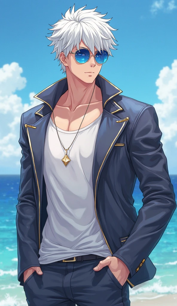 absurdres, highres, ultra detailed, HDR, master piece, best quality, detailed eyes, extremely detailed, delicated features, Ozymandias, black hair, expressive yellow eyes, Fate Grand Order, solo, sexy man, handsome, manly man, sensual, black shirt, unbuttoned shirt, black shorts,fantasy, sea, beach, blue sky
