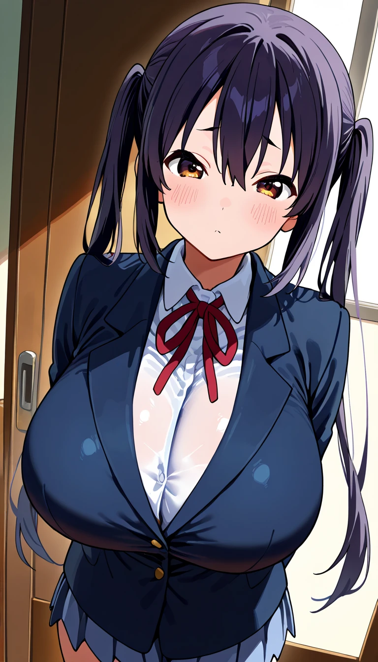masterpiece, best quality, highres, JK,huge tit,1boy,1girl,male kid,blush,gradient,ponytail,school uniform,scrunchie,in bedroom
