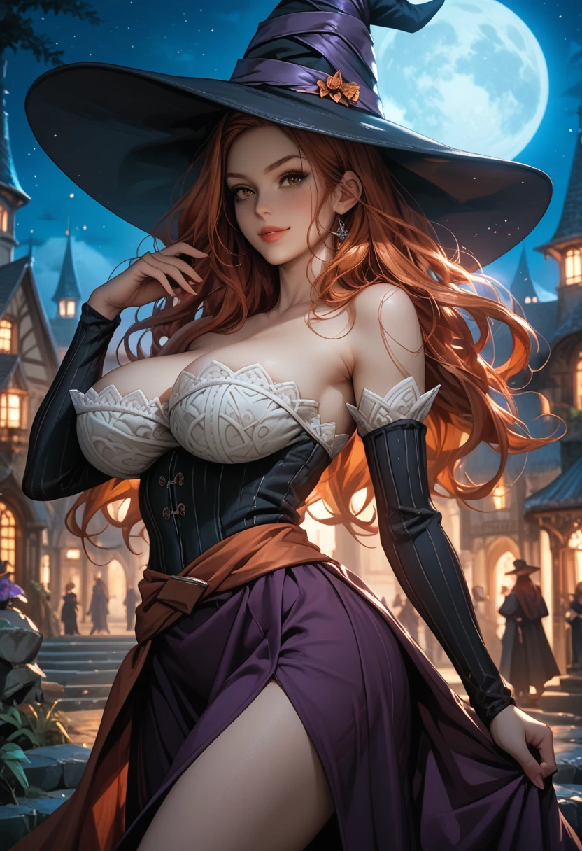 1 girls,Big breasts ((Witch Girl)) cemetery background,((red hair, 2 braids)), ((perfect eyes)), ((eye glow effect)) extremely sexy body, black witch hat, details of the white dress are transparent, ((ultra quality, cinema lighting, full HD, ultra realistic)), perfect lips, beautiful and cute smile, cute expression,, cobweb on the headboard, night,get out from grave, cemetery background, night,moom light,,putting breasts on something