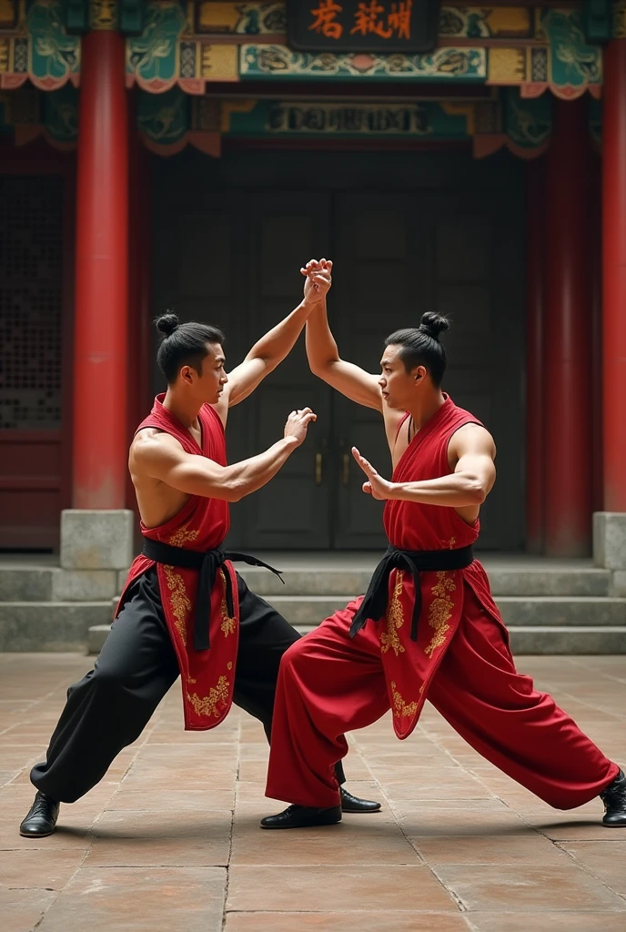 A dynamic and action-packed depiction of male Chinese martial artists engaged in an intense sword fight. The scene is set in a traditional martial arts training hall, with intricately carved wooden beams and pillars. The fighters are clad in traditional Chinese attire, showcasing their expertise and agility as they clash their swords with precision and skill. The lighting is dramatic, casting dramatic shadows and highlighting the sharp gleam of the swords. The atmosphere is charged with energy and tension, capturing the essence of the ancient martial arts tradition. The hyper-detailed photography allows for every muscle and movement to be captured, showcasing the strength and fluidity of the fighters.