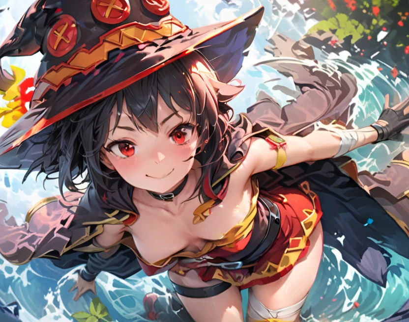 (better quality), [masterpiece], ((beautiful:0.75)  beautiful:0.75), [transparent and clean] pixiv (shape), ((Megumin)), two, walk, night, brown hair, black skirt, red sweater, short hair, red eyes、((sexy))、pointed nipples、