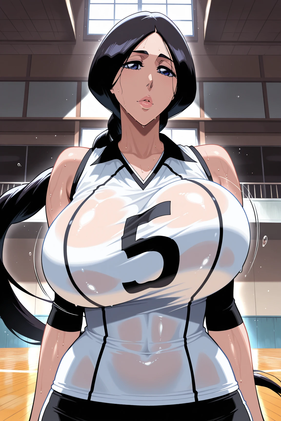 1990s anime cels style, 1990s manga style, best quality, high resolution, curvy body, (gigantic breasts:1.4), Beautiful face, happy, smile, closed mouth, 27 year-old, 1 girl, long hair, ((volleyball player)), ((In the vast gymnasium:1.37)), clothes that fit the body, (red uniform), ((sleeveless volleyball uniform:1.37)), (Highest quality realistic skin texture:1.4),Super detailed, (oily skin:1.37),