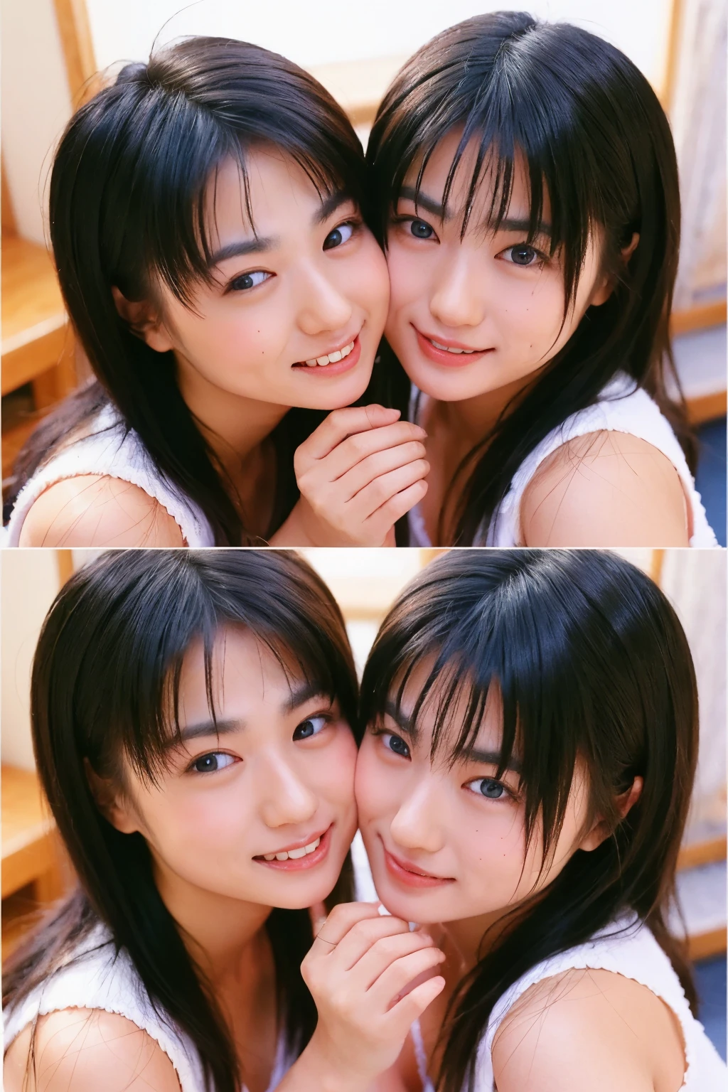 "Vibrant and lively Japanese identical twin sisters, embracing warmly and sharing a loving kiss, in a high-resolution 8K RAW photo with ultra-detail and masterpiece quality:1.2, ensuring realistic and accurate depiction."
