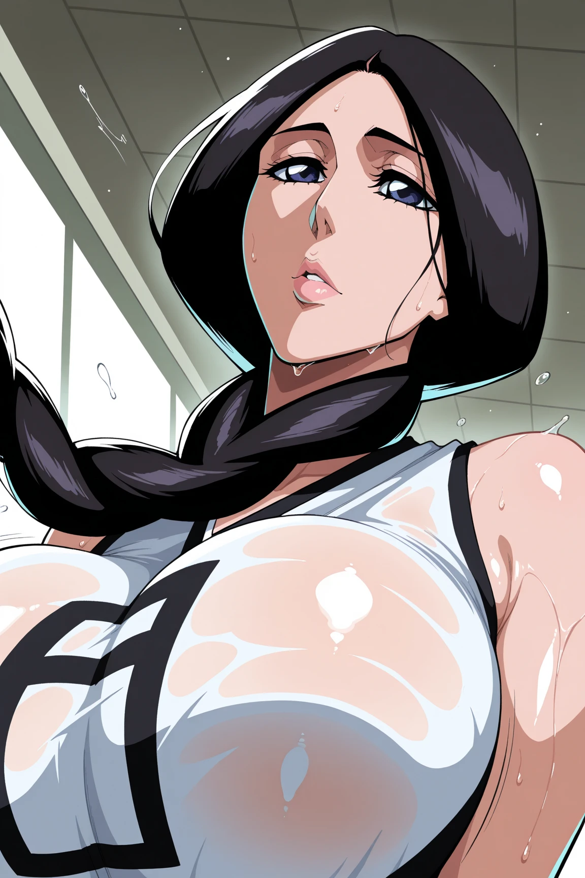 Masterpiece, Best Quality, high resolution, Very detailed, 1 girl, wide, black hair, blue eyes, big breasts, she wet, sexy poses, inside, lying on the bed , looking at the spectators, camera angle from top of bed, full body session