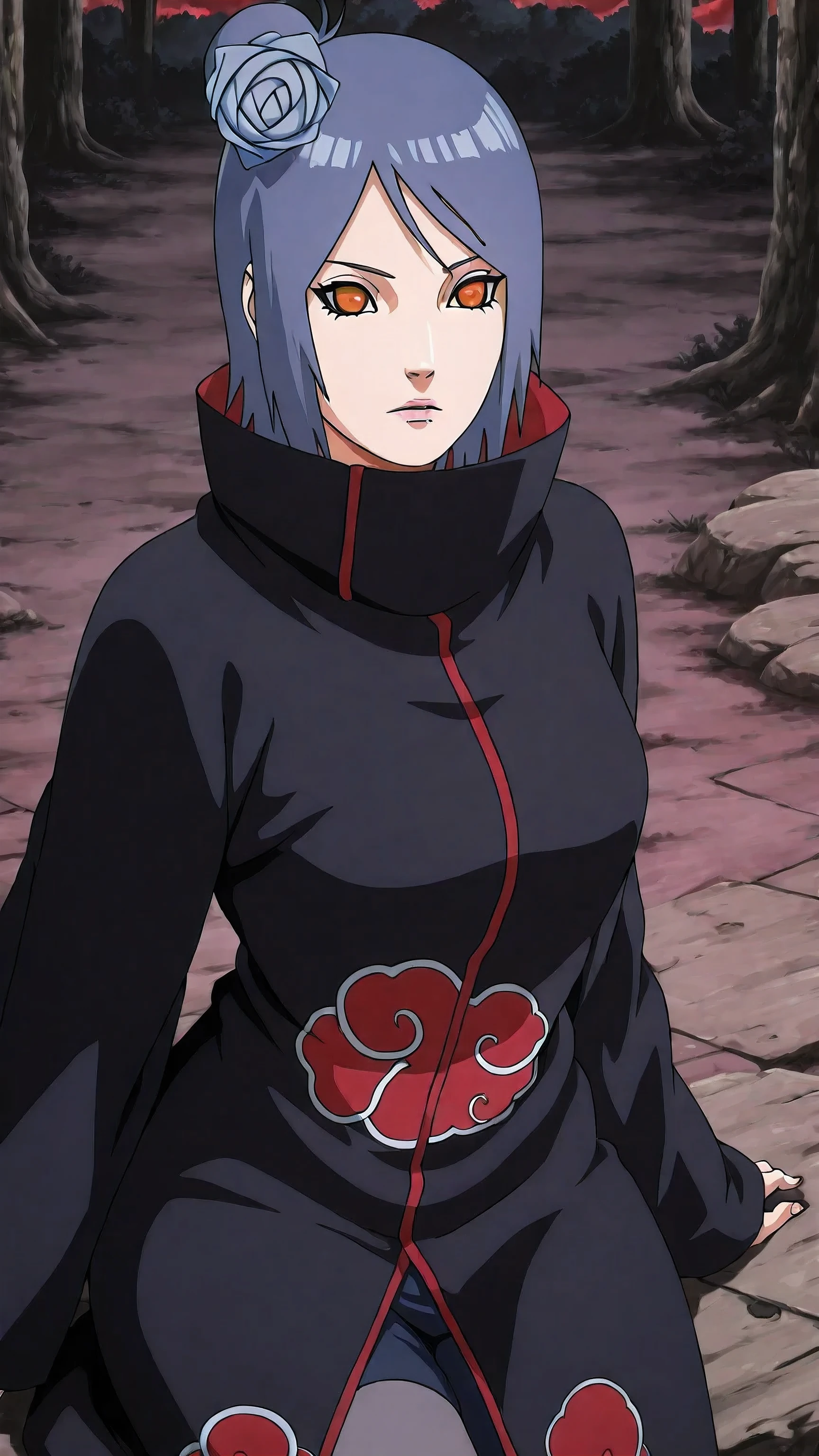 konan, anime style, full-body portrait of a beautiful woman inspired by Konan from Naruto, blue straight medium-length hair with side bangs and a blue paper flower accessory on her head, orange sharp eyes with long lashes, soft facial features, light pink lips, wearing black Akatsuki cloak with red clouds and high collar, sitting calmly on a stone path in a forest setting, bright and clean anime line art, cel-shading, vivid colors, detailed but simplified anime background, expressive anime eyes, dynamic lighting, style of Naruto Shippuden anime, soft wind effect on clothes, clean anime look, 2D illustration