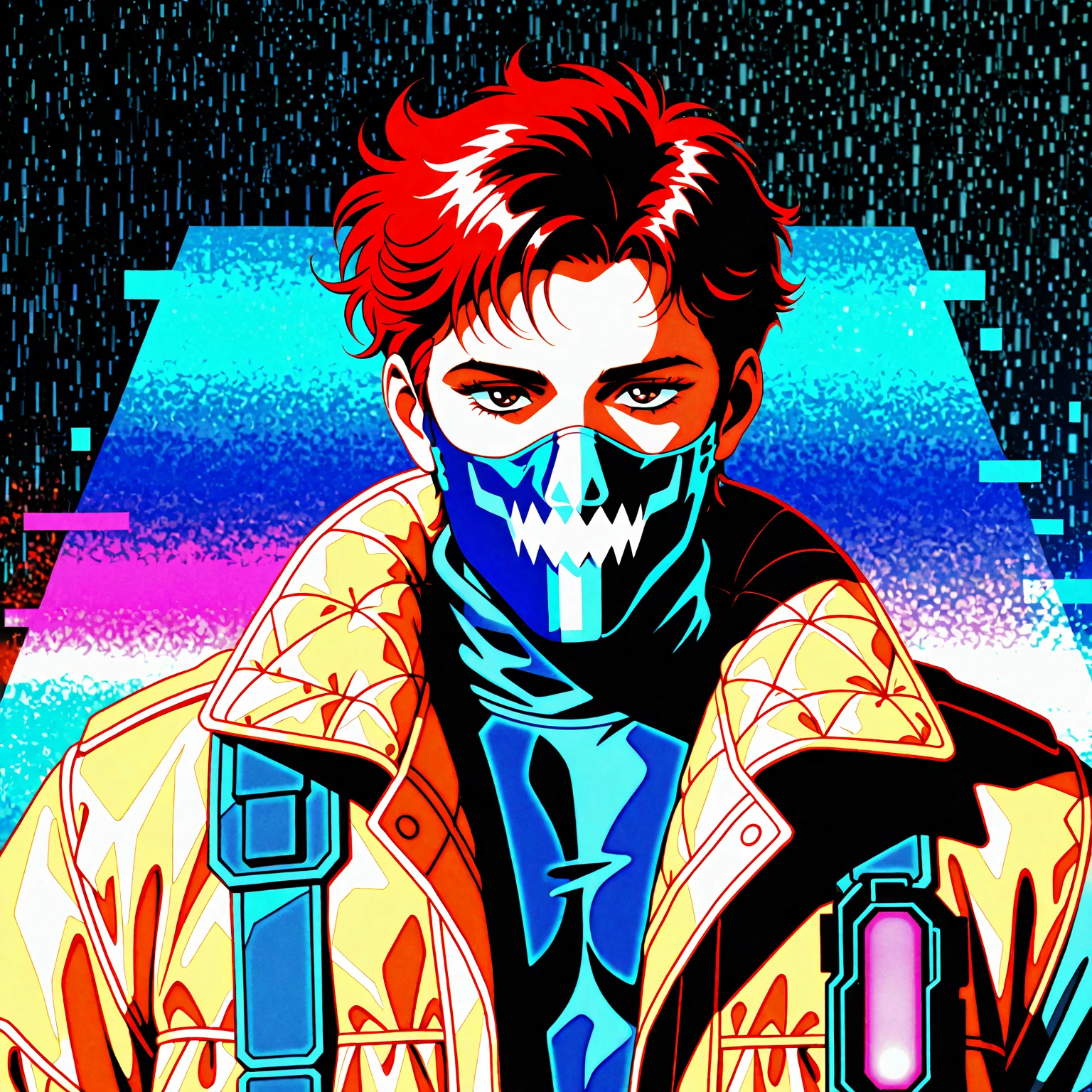 ink punk STYLE, drawing, illustration, white plastic mask, <lora:last-000007:1>  illustration art hero <lora:IPXL_v2:1.4> cybercity club