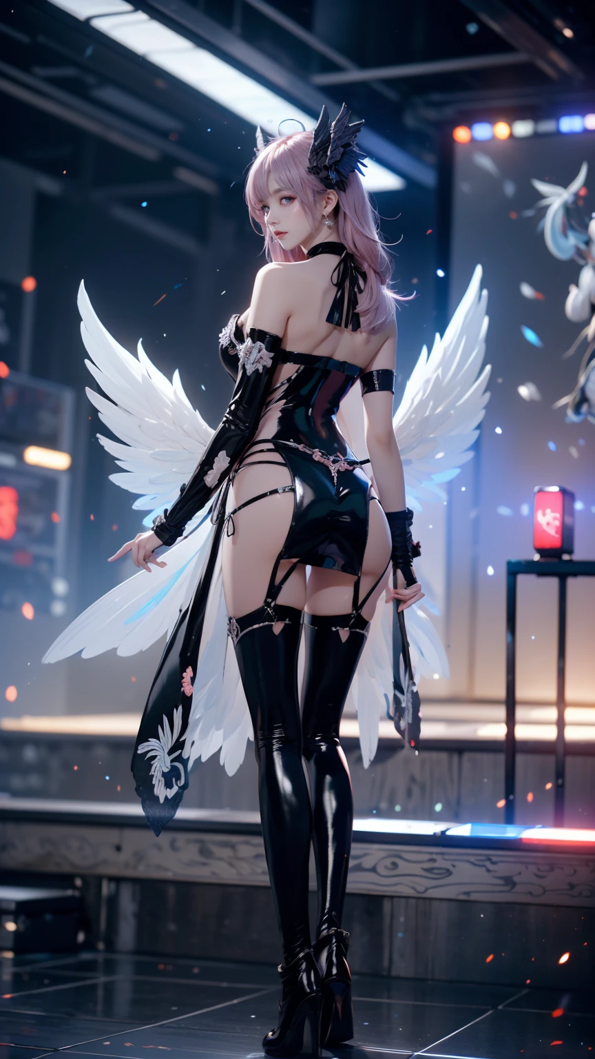 (quality)), ((masterpiece)), Recommended results、Puffy nipples、(see through:1.5)、straighten your back、abdominal muscles、huge bust、angle to floor:1.2、low camera angle、Hair loss on crotch,Hatsune Miku,super detailed)), (Very detailed的CG插画), ((extremely delicate and beautiful)),(1Mechanical Girl)),alone,whole body,(Machine made joints:1.2),((mechanical limbs)),(Flashing blood vessel points connected to tubes),(Mechanical vertebrae attached to the back,with flowing glitter.),((Flowing rainbow fixed around neck)),poker face,(wires and cables attaching to neck:1.2),(Rainbow wires and cables on the head:1.2)(Character focus),,Very detailed,rich and colorful,most detailed,Angel,Wings stretched out from behind