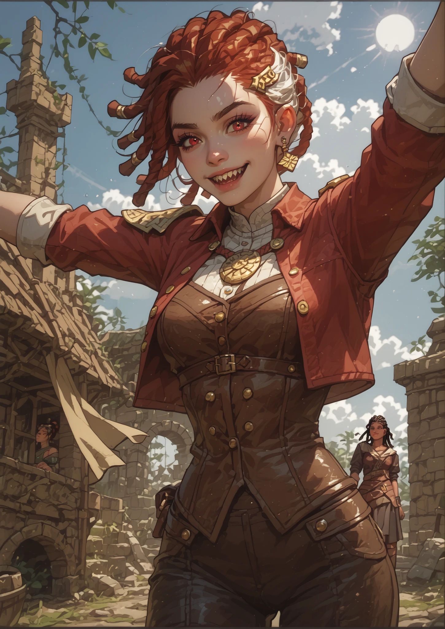 Slender body. White skin. Cute 18-year-old Asian girl with Asian red eyes and sharp teeth and dreadlocks with white highlights. She has a cute and beautiful face. She has a round and young face with a pointy chin. Her body is athletic with abs. She wears medieval an intricate medieval leather clothing with buttons. Background: medieval jungle ruins. Realistic lighting. DnD art-style. Looking at the viewer.