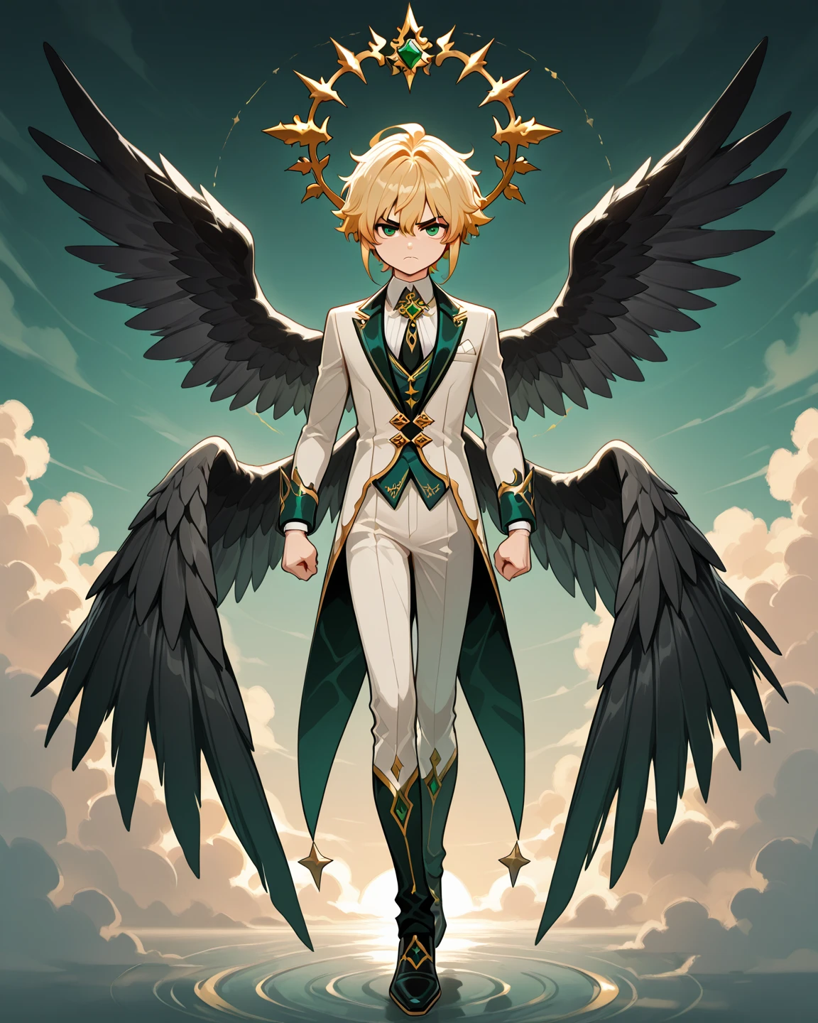 fifteen-year-old boy, wearing a green fairy costume with white wings standing on a hard wood floor shot from above as he looks at the camera confused. Blonde pixie cut. Wearing green gloves and shoes. Darkened room, tiny, little, athletic, erection under clothes, Height about 120 cm