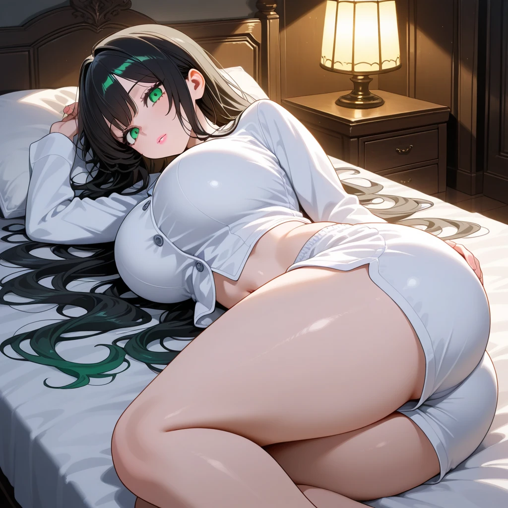 anime_source, (masterpiece), best quality, expressive eyes, perfect face, score_9, score_8_up, score_7_up,1girl, ass, bangs, bed sheet, black hair, black legwear, blush, breast press, breasts, green eyes, green panties, large breasts, looking at viewer, lying, on bed, on stomach, panties, pillow, solo, sweat, thighhighs, topless, twintails, two side up, underwear