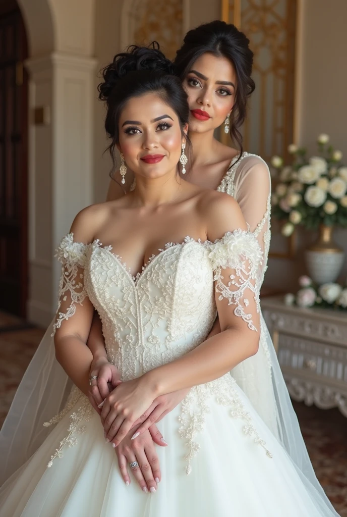 (Isabela Merced in a white:1.1, wedding dress), with bridesmaids in black dresses:1.2, tiara, (big breasts:1.5), (topless:1.2), naughty, smiling, Real Life, full bodyshot, Ultra Realistic, Photorealism, Photography, 8K UHD, Photo, HDR, Complex and Elegant, Highly Detailed, Sharp Focus, Stunning, Beautiful, Gorgeous), (Masterpiece: 1.2, Best Quality 1:1, Ultra Detail: 1.2, Best Shadows, 8k: 1.1), (beautiful detailed face), high contrast, (perfect lighting: 1.2), (cinematic light)), colorful, hyper-detail, dramatic light, intricate detail, photograph by arny freytag