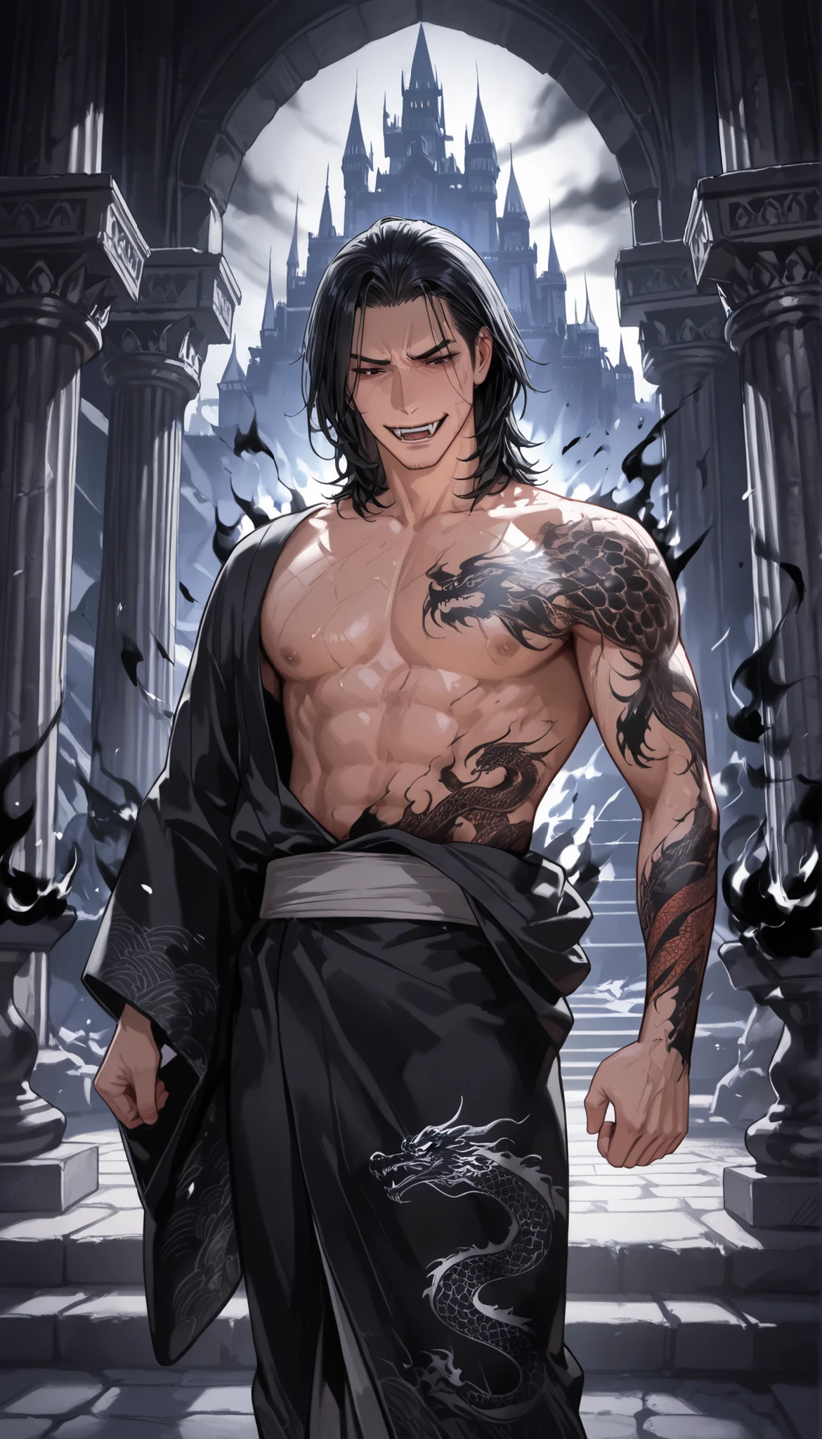 a tall man with a stocky but not exaggerated build with long black hair almost reaching his waist with neon green eyes that seem to shine and tattoos on his arms dressed casually