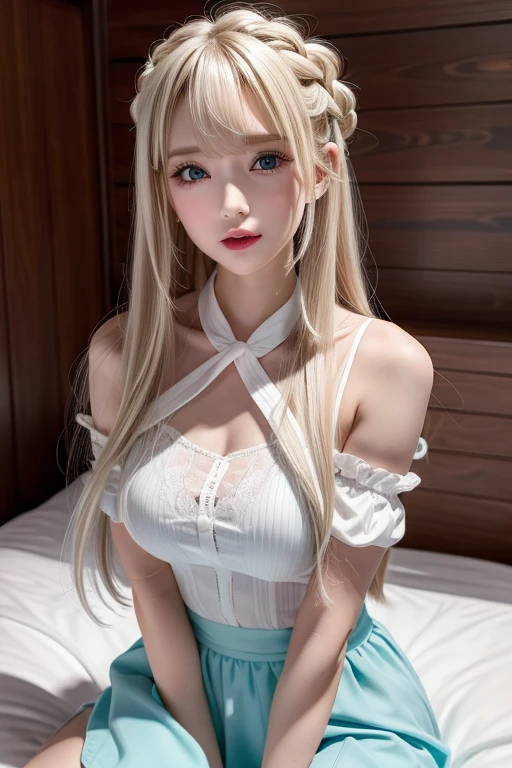 bright expression、Young shiny shiny white shiny skin、Best Looks、Blonde reflected light、Platinum blonde hair with dazzling highlights、shiny light hair,、Super long silky straight hair、Beautiful bangs that shine、Glowing crystal clear attractive big blue eyes、Very beautiful nice cute 16 year old girl、Lush bust,Beautiful detailed eyes, beautiful detailed nose,(( Full body:1.5)),Makeup that the eyes emphasize、,(Women like Joan of Arc)、Royal style，Comic style, , Sub-surface scattering, ornate detail, nature backdrop, Hyper-realistic, ((Cinematic)), Dramatic Lighting, masutepiece、((Off-the-shoulder white shirt dress:1.4))、((Fight on the battlefield))、(Loose and fluffy perm:1.4)、1 girl in、((Bob Hair:1.3))、Ultra realistic 8K CG, Picture-perfect face, flawless, clean, masutepiece, Professional artwork, famousartwork, Perfect face, Beautiful face, Beautiful eyes, ((Perfect female body)), Solo,(Immersive atmosphere, Chiaroscuro:1.5,Bright light:1.2,Luminous lighting),(blush:0.5),fascinated expression,Extremely detailed_Eyes,thick thighs,Large breasts,beautifullydetailedbackground,depth of fields,Realistic:1.3, longshot,Sitting, Full body, (ambient lights:1.3),(Cinematic composition:1.3),(Neon light:0.1),(nffsw:0.1),Accent Lighting, pantyhose,((dynamicposes))、(Fascinate boldly:1.5)