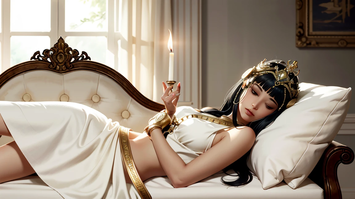 one boy, Egyptian prince, lying on the bed, purple pillows, tassels, rubies, sapphires, long hair, sweet face, gold bracelets and earrings, silks,